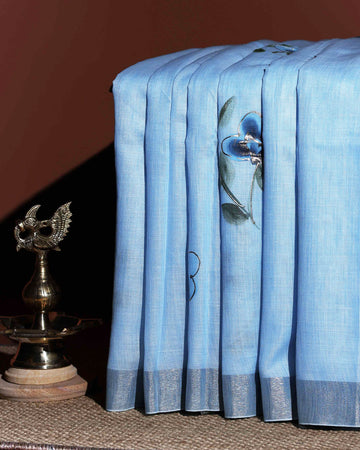 Elegant Linen Cotton Saree with Floral Motifs - Blue