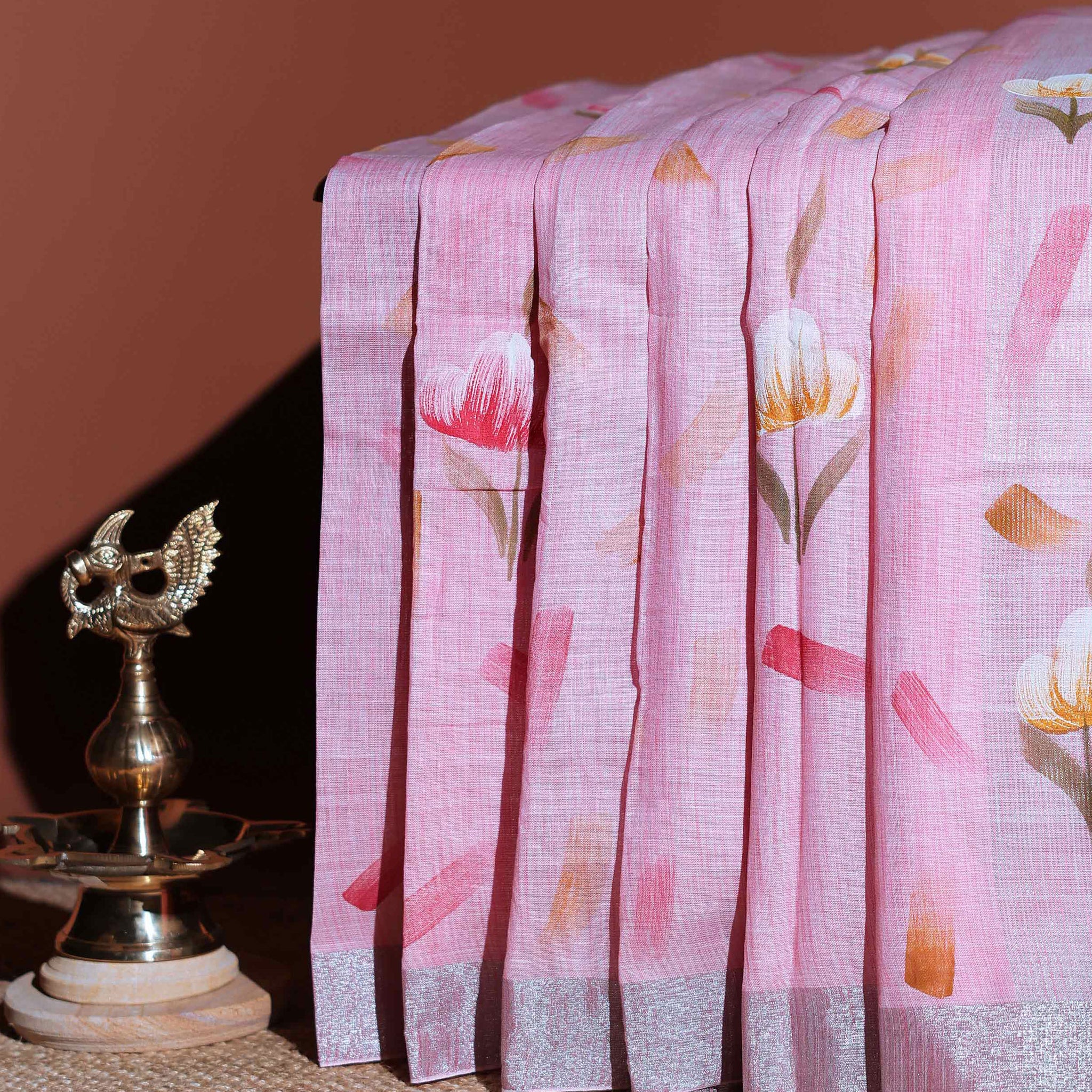 Elegant Linen Cotton Saree with Floral Motifs - Pink