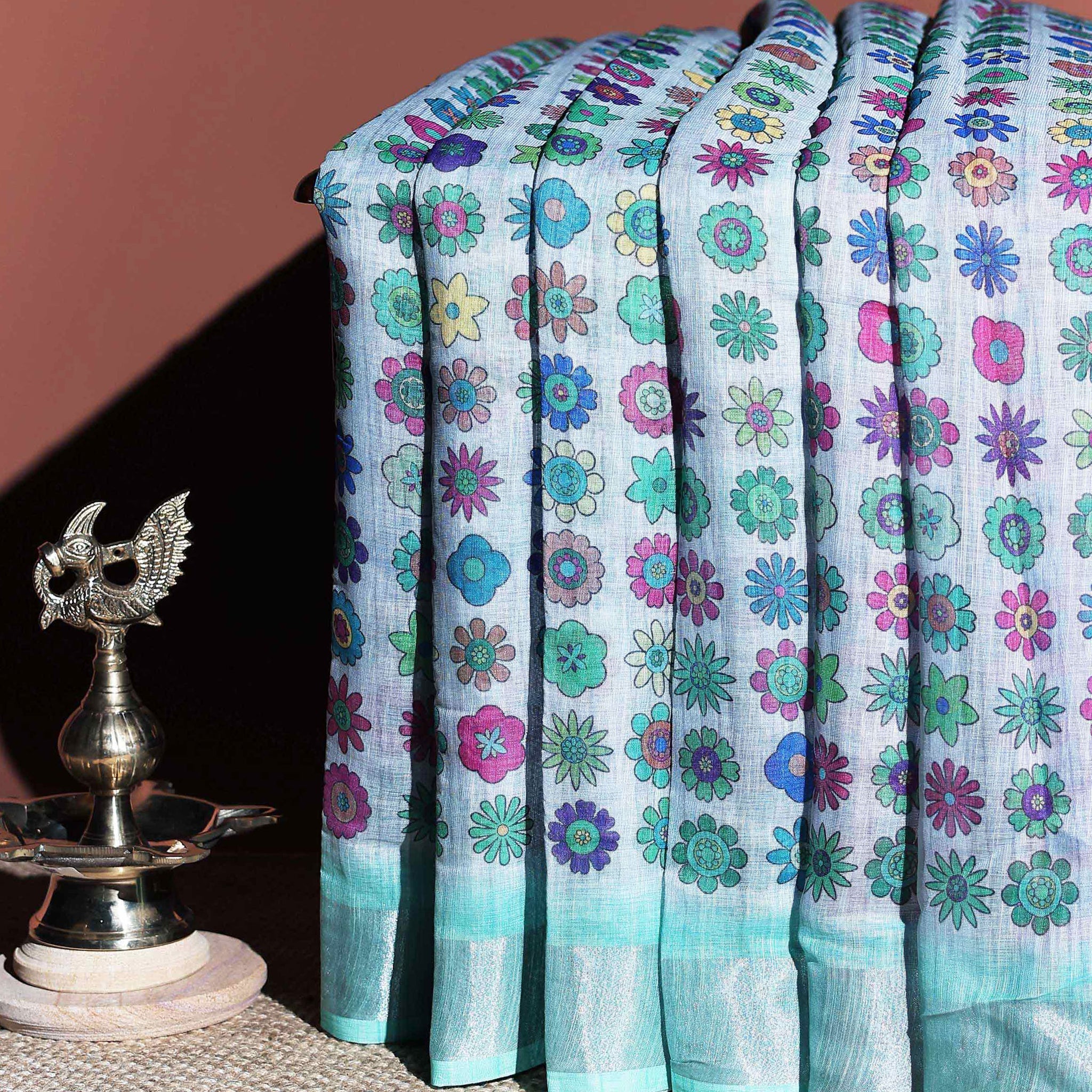 Printed Linen Cotton Saree with Floral Motifs - Multi