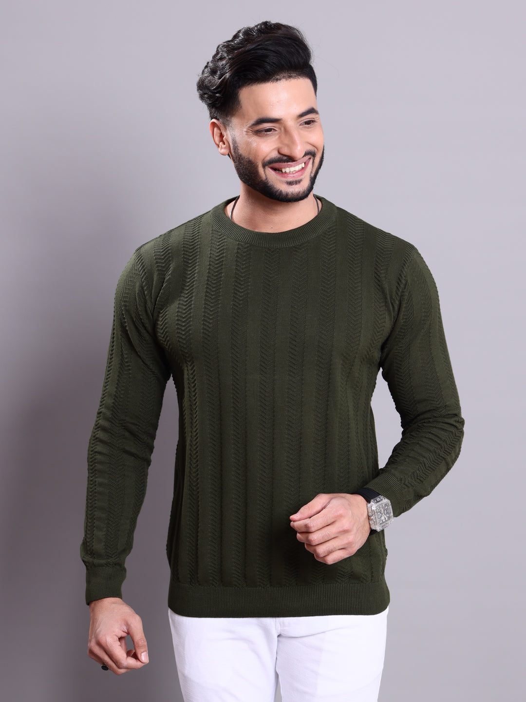 Men's Self-Design Sector Type Round Neck Long Sleeve Sweatshirt   - Green