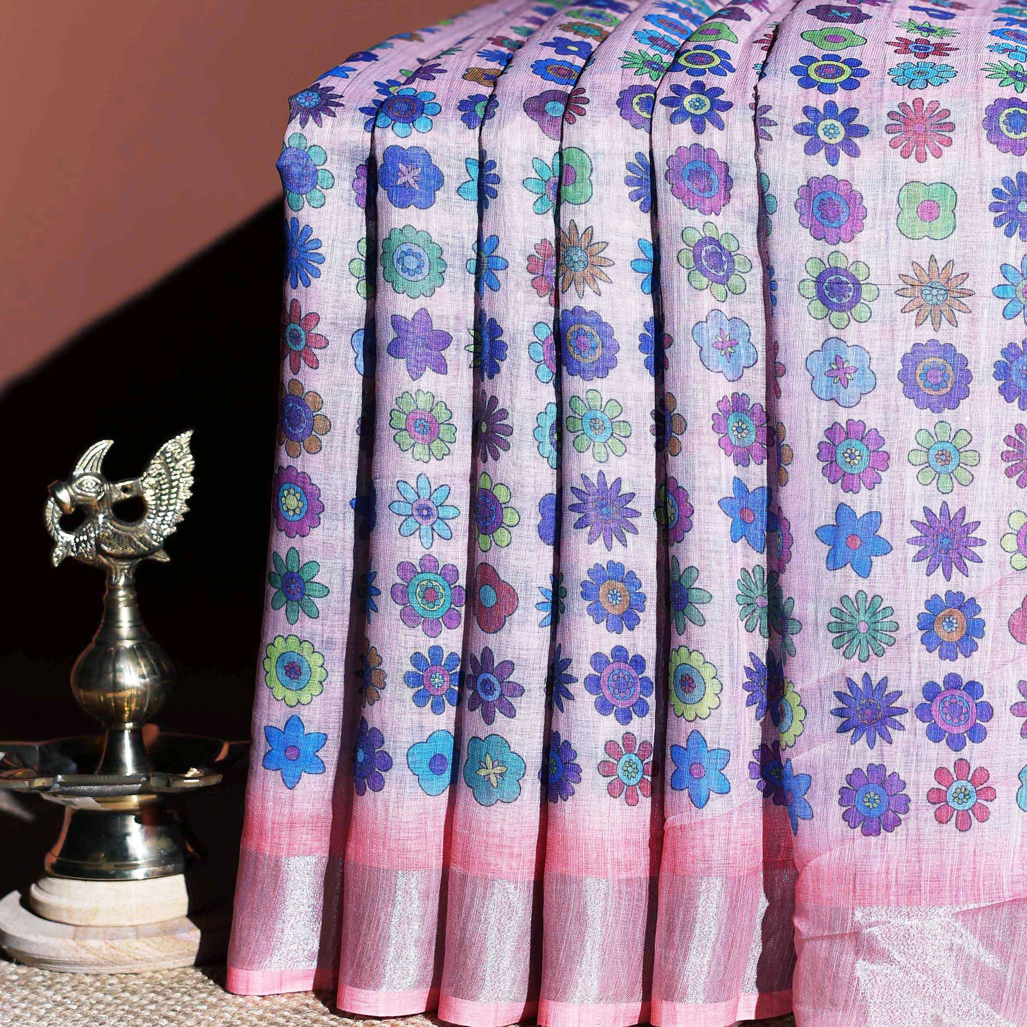 Printed Linen Cotton Saree with Floral Motifs - Multi