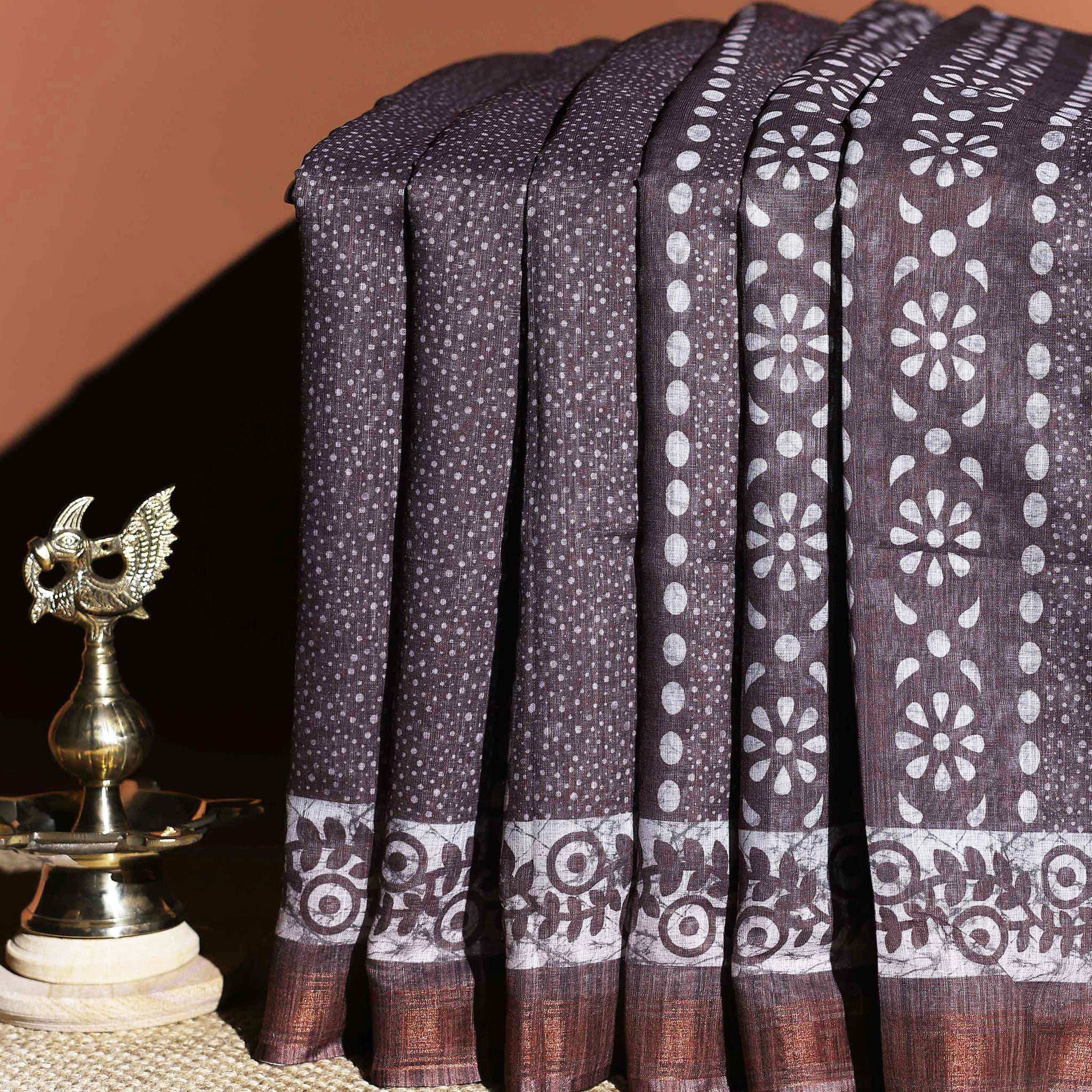 Elegant Linen Cotton Saree with Floral & Geometric Motifs - Grey