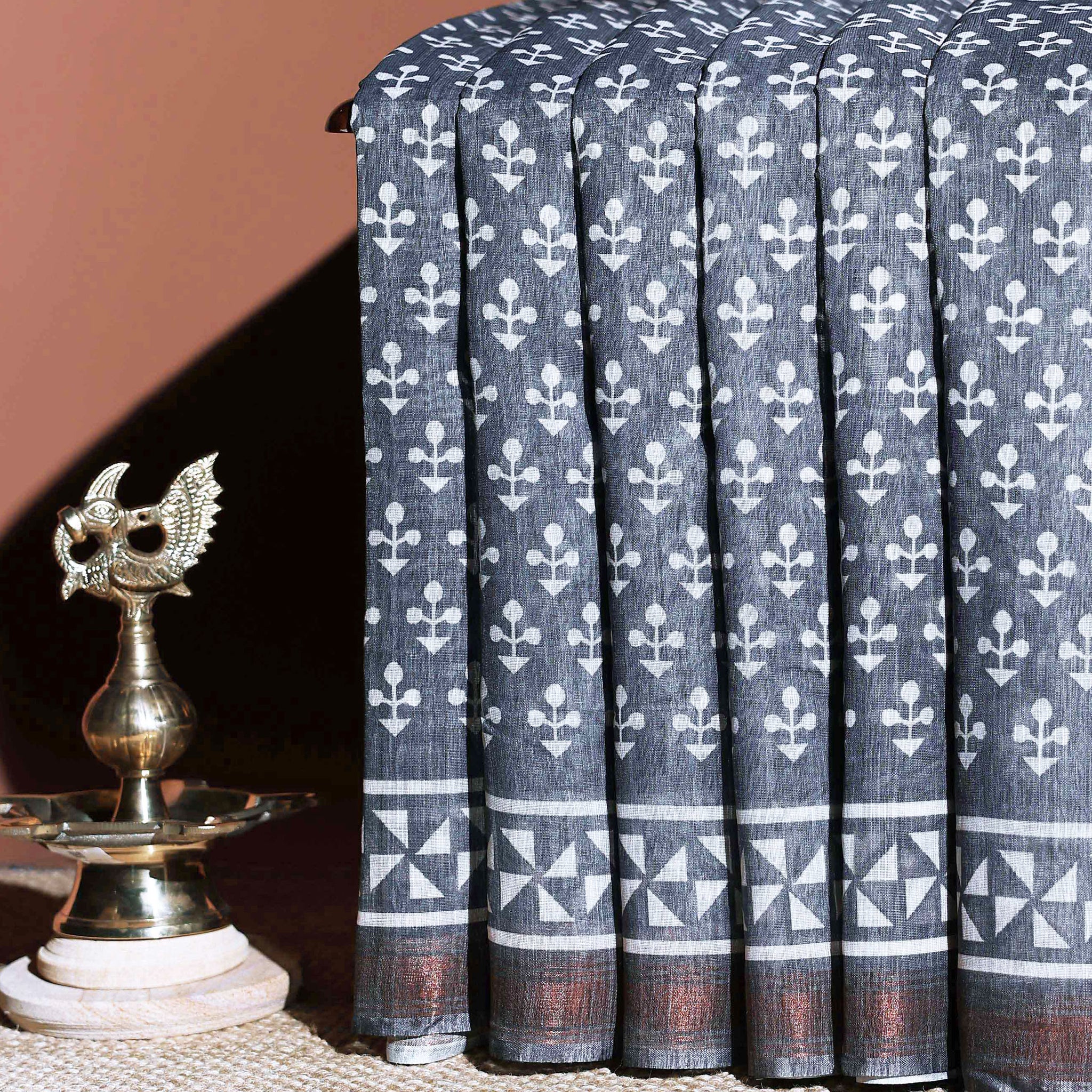 Artisanal Block Print Linen Cotton Saree - Grey