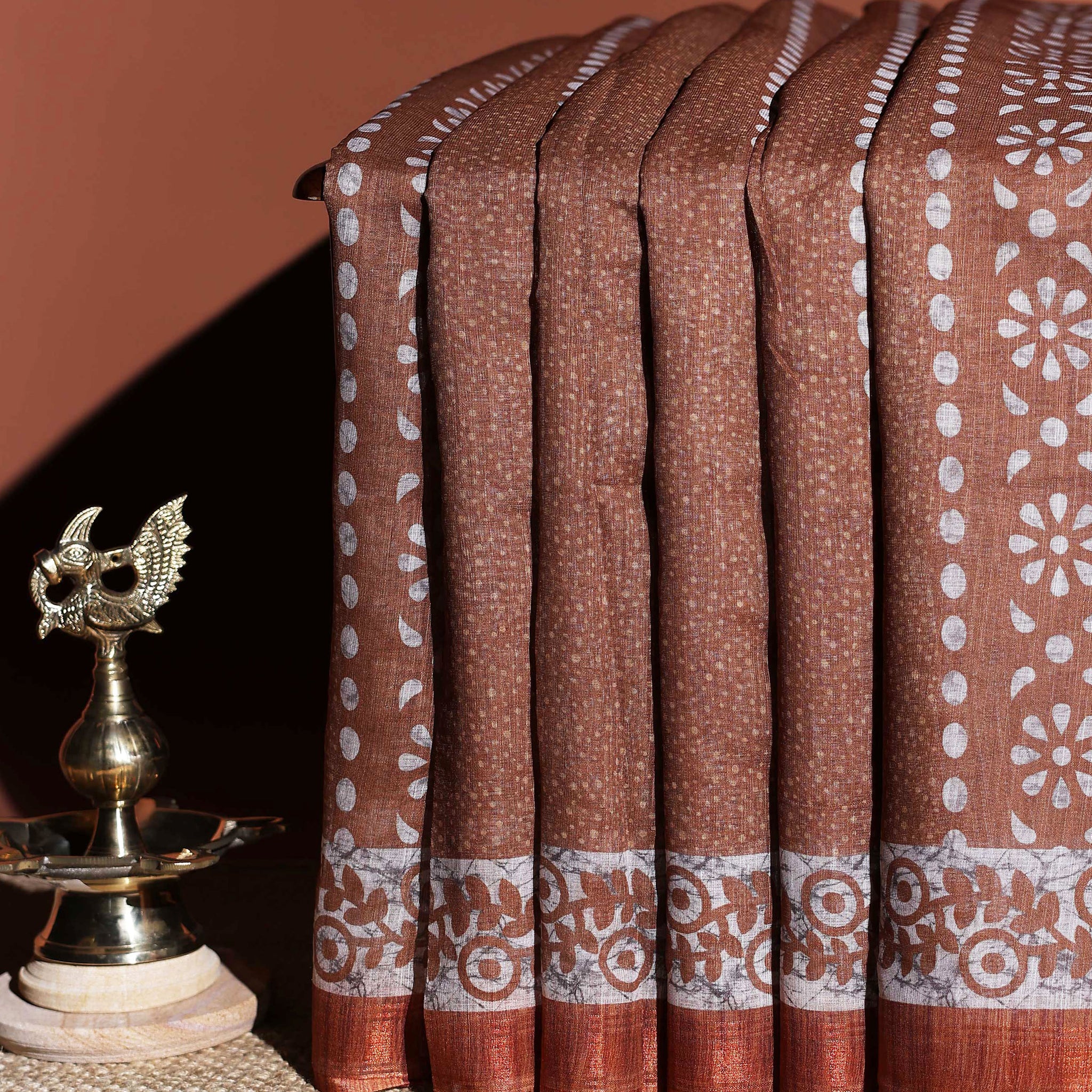 Elegant Linen Cotton Saree with Floral & Geometric Motifs - Brown