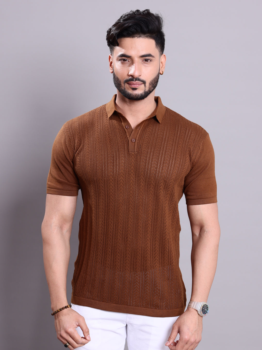 Men’s Half Sleeve Nativebull T-Shirt with Textured Knit Pattern  - Brown
