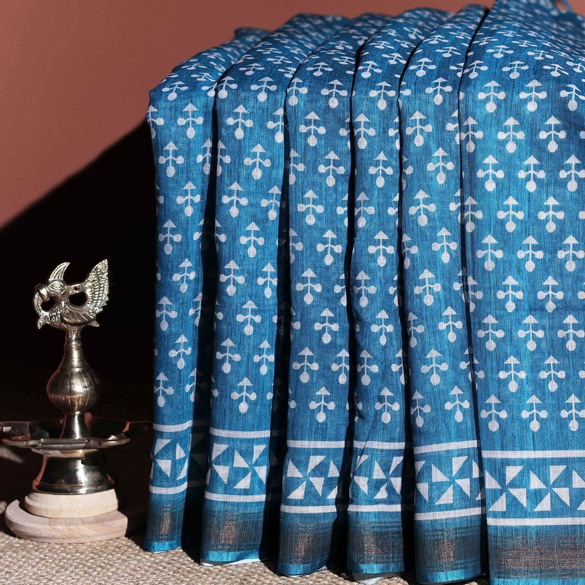 Artisanal Block Print Linen Cotton Saree -  Blue