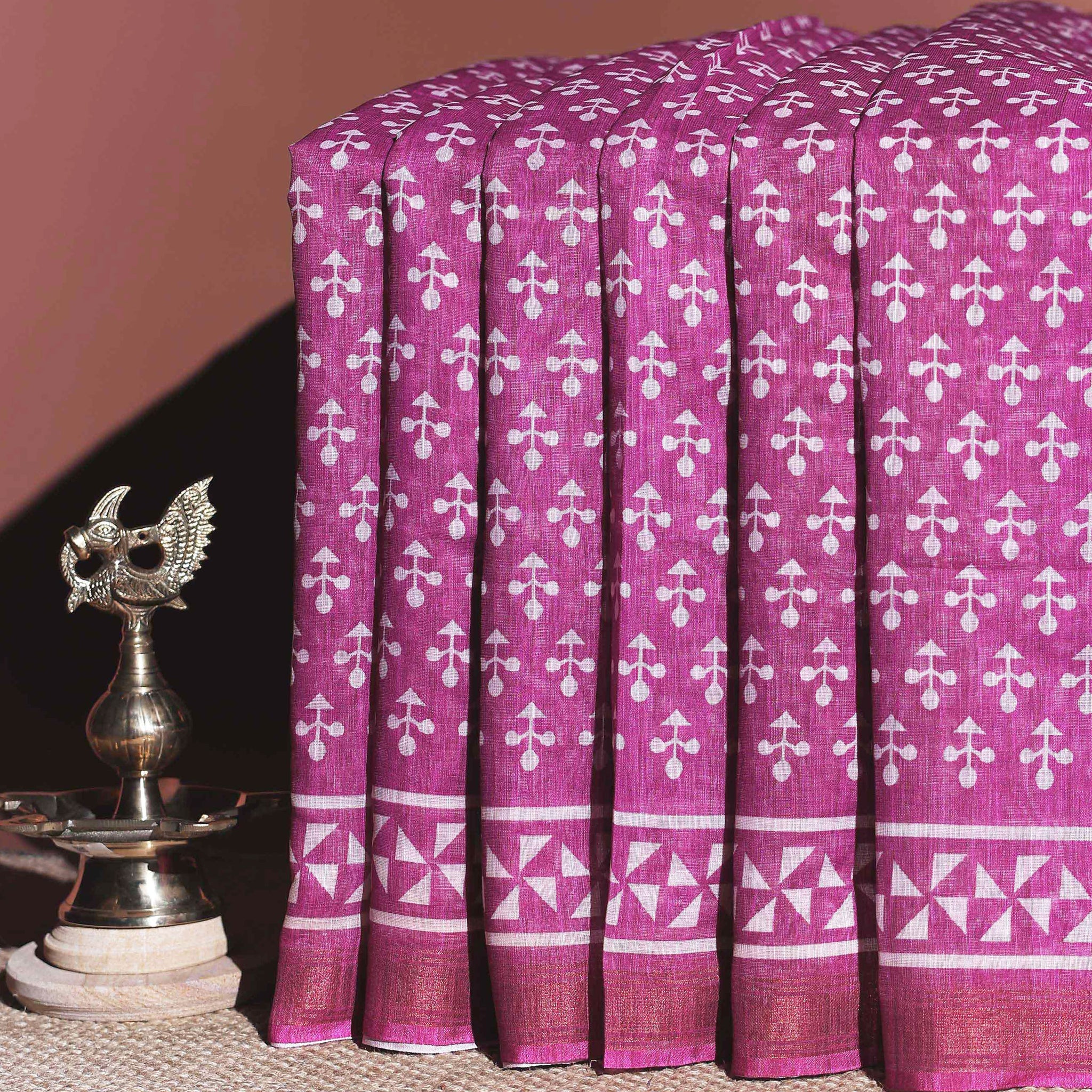 Artisanal Block Print Linen Cotton Saree - Pink