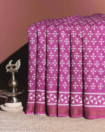 Artisanal Block Print Linen Cotton Saree - Pink