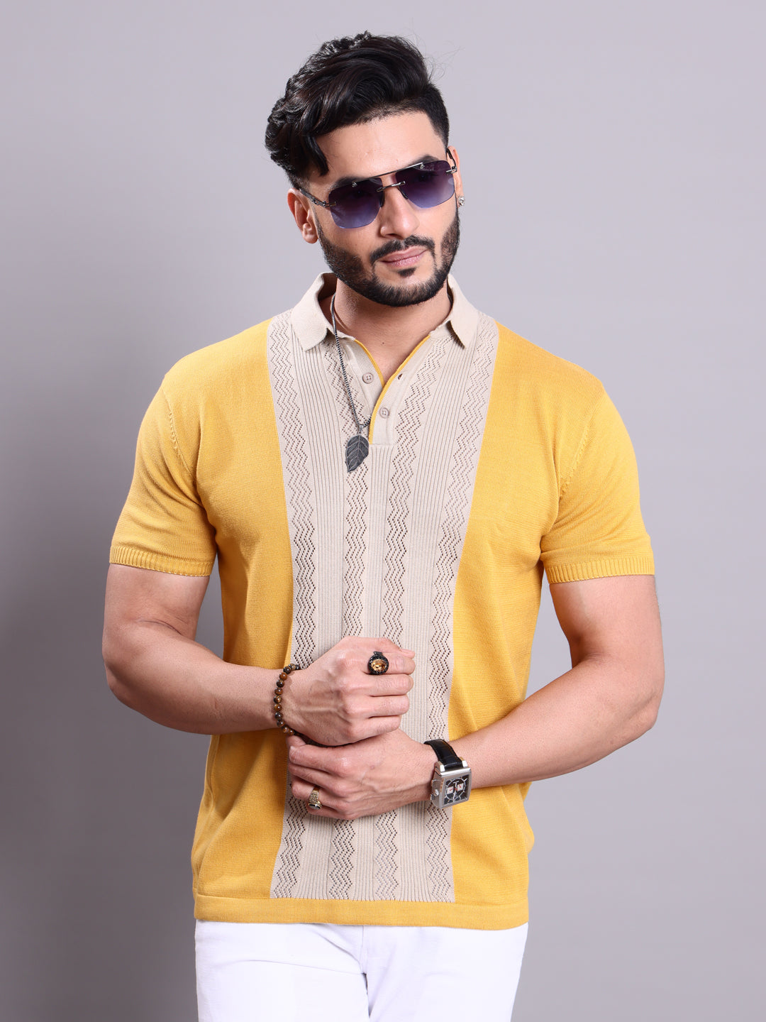 Men's Textured Nativebull Collar Knitted T-shirt with Contrast Panel - Yellow