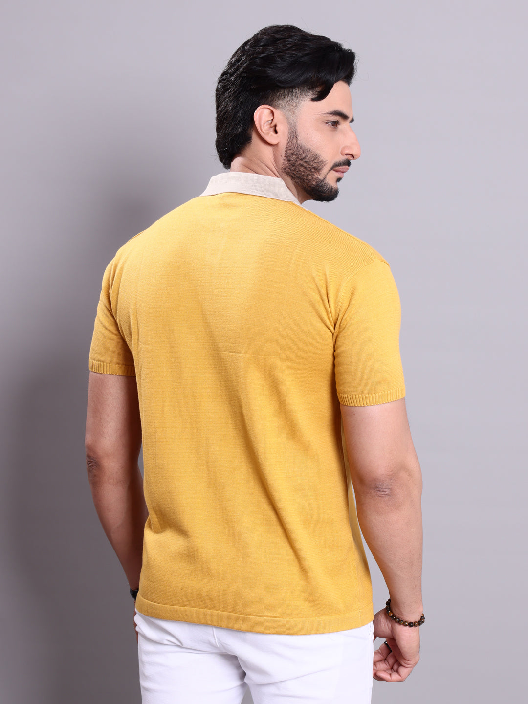 Men's Textured Nativebull Collar Knitted T-shirt with Contrast Panel - Yellow