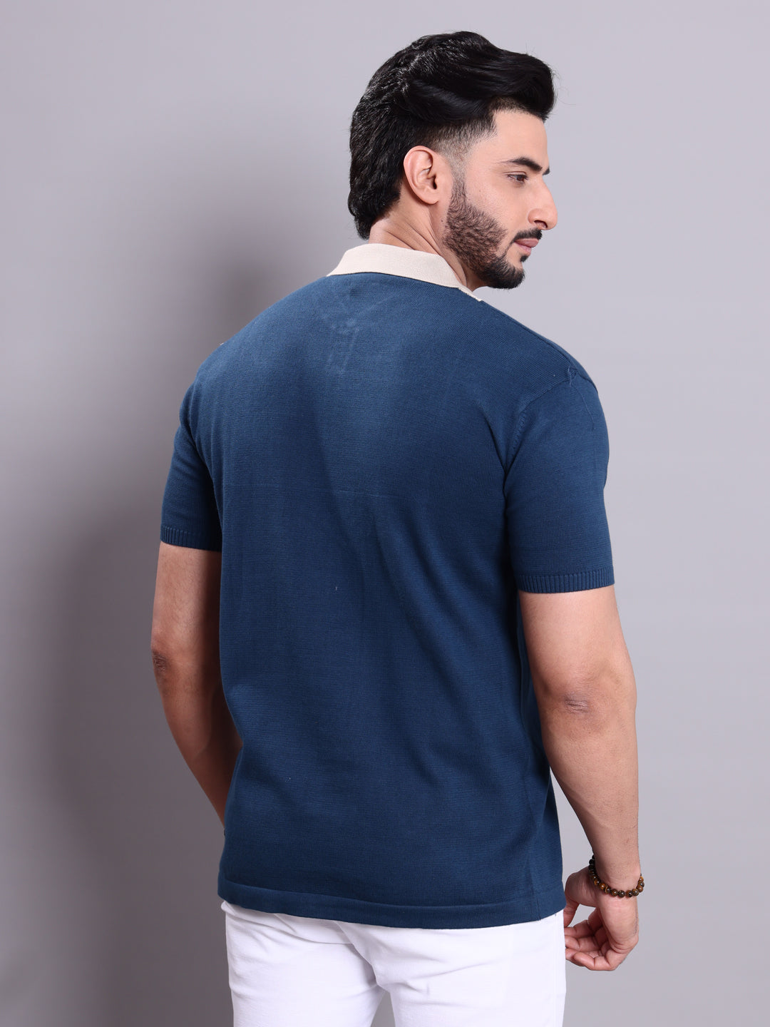Men's Textured Nativebull Collar Knitted T-shirt with Contrast Panel - Blue
