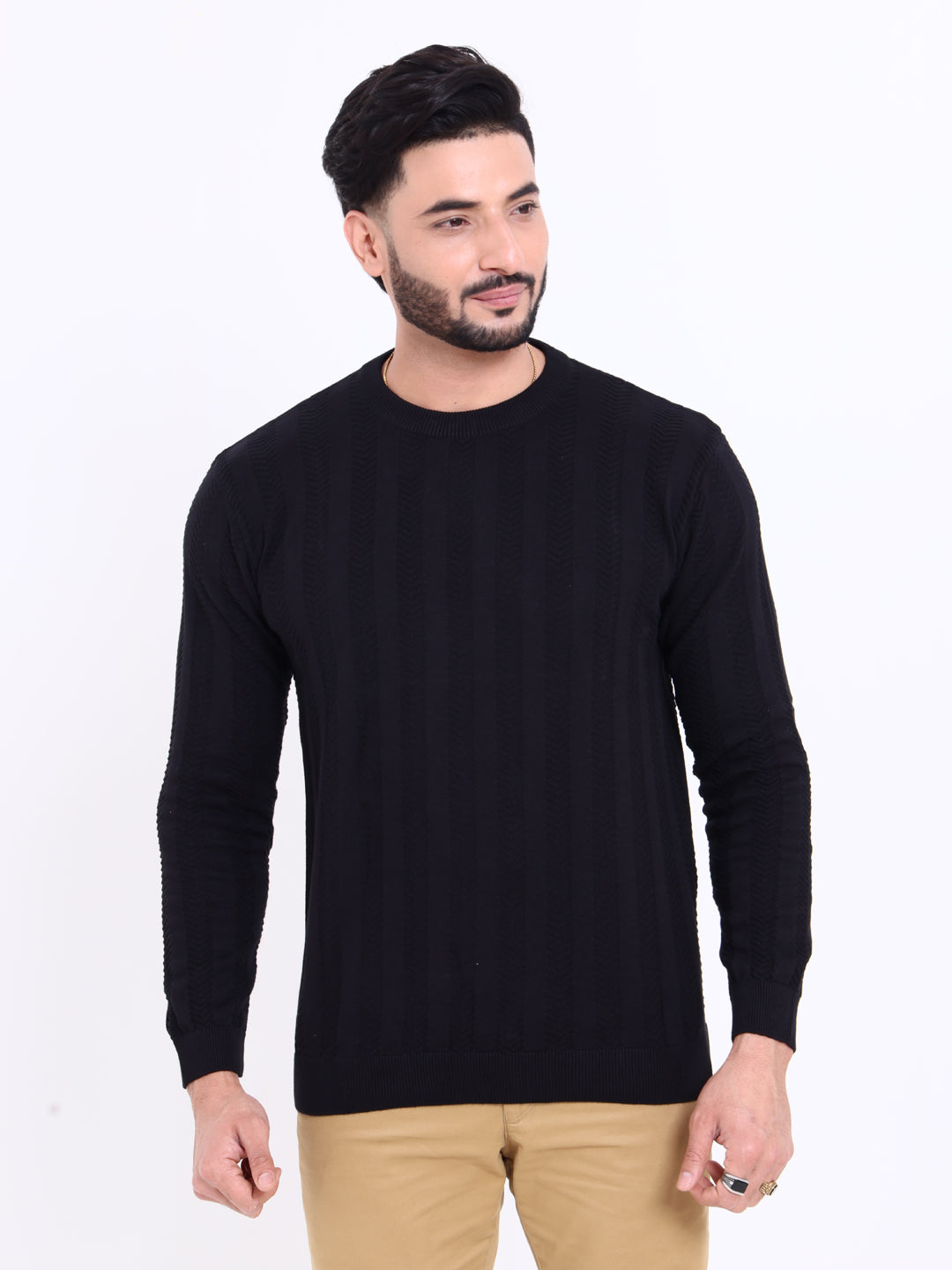 Men's Self-Design Cable Knit Full Sleeve Crew Neck Nativebull  Sweatshirt   - Black