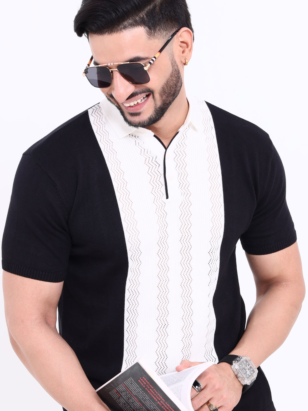 Men's Textured Nativebull Collar Knitted T-shirt with Contrast Panel - Black
