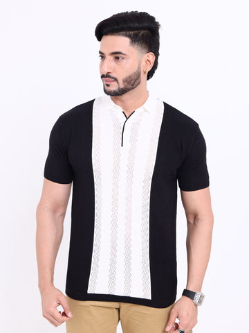 Men's Textured Nativebull Collar Knitted T-shirt with Contrast Panel - Black