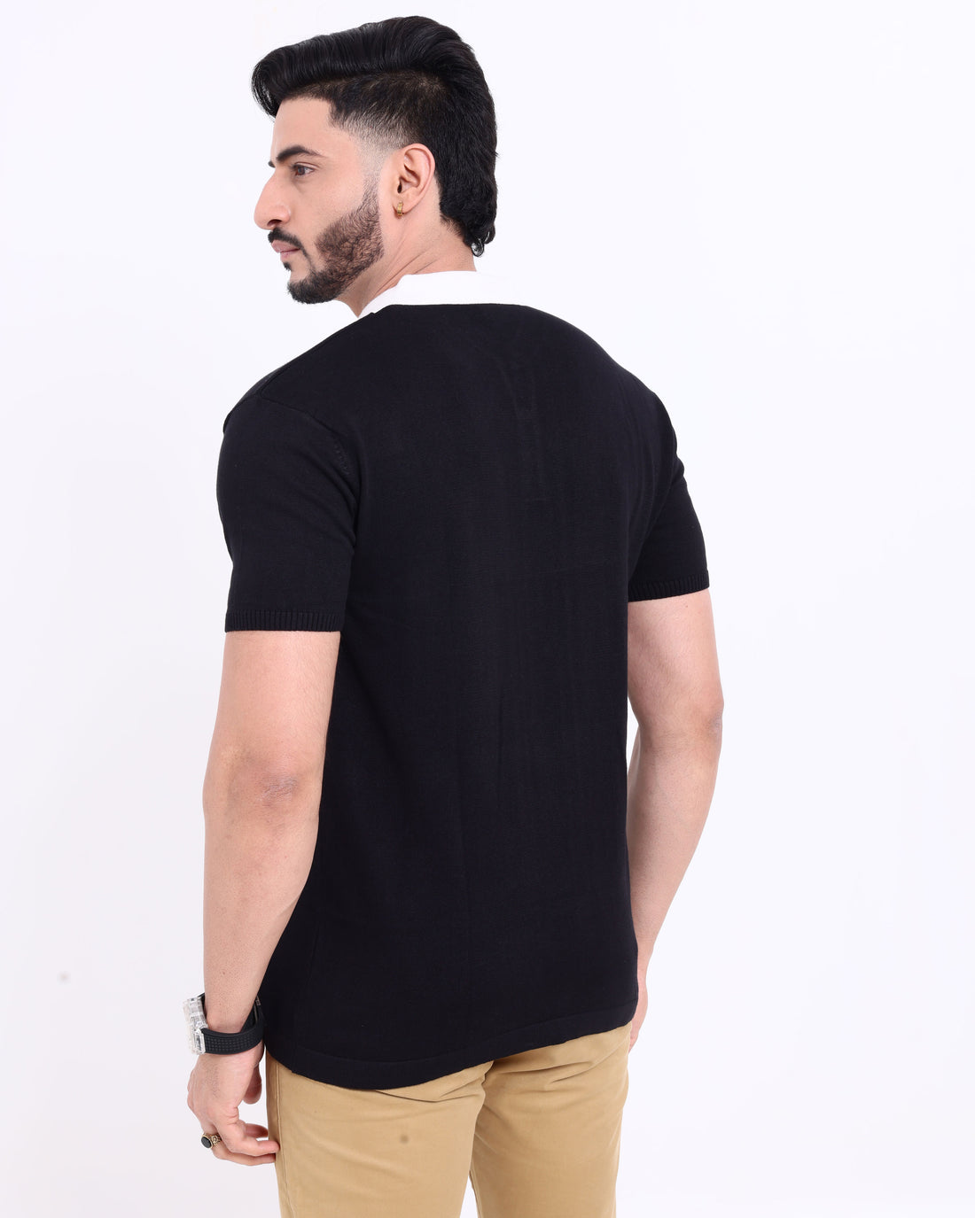 Men's Textured Nativebull Collar Knitted T-shirt with Contrast Panel - Black
