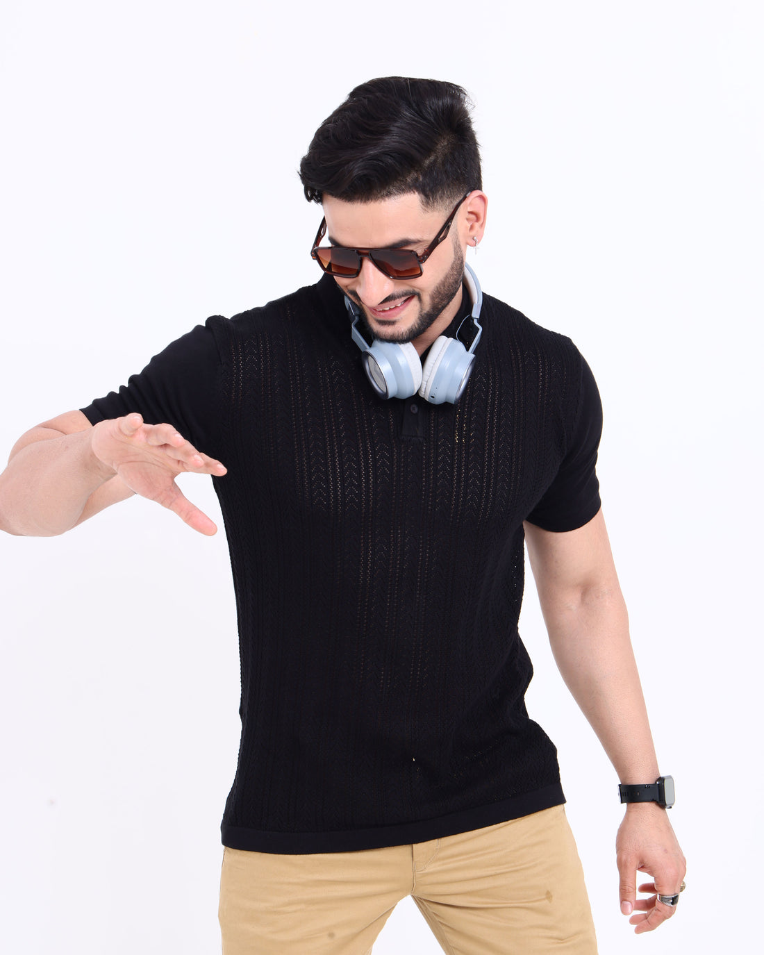 Men's Self-Design Knitted Nativebull T-Shirt with Textured Weave - Black