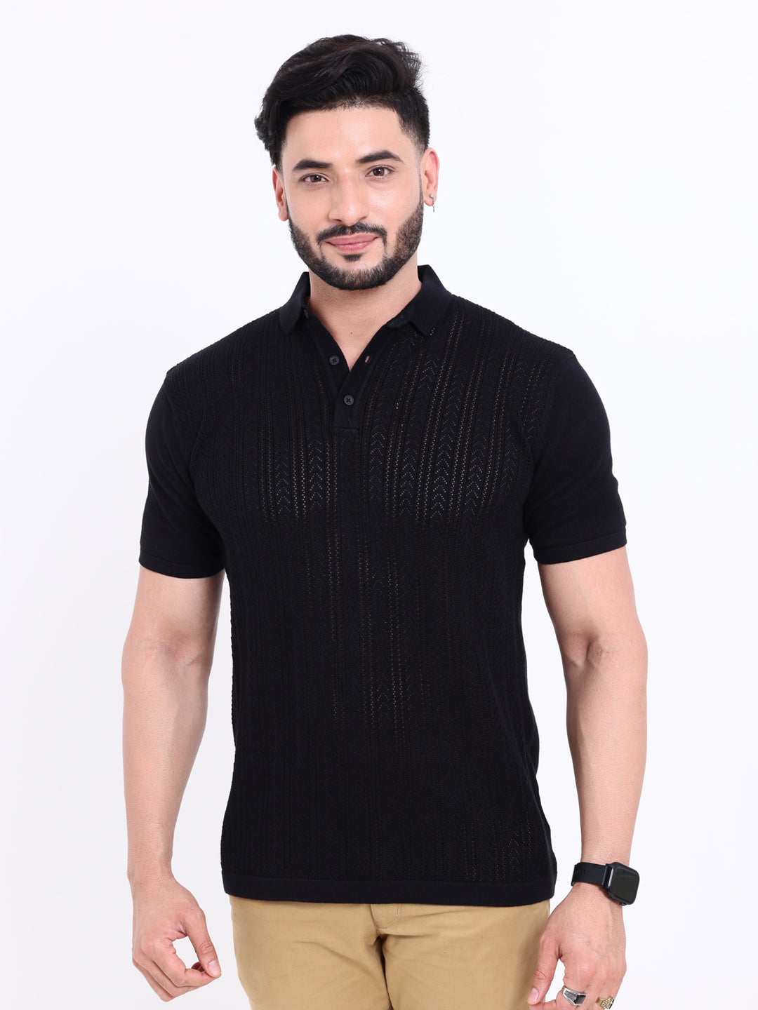 Men's Self-Design Knitted Nativebull T-Shirt with Textured Weave - Black