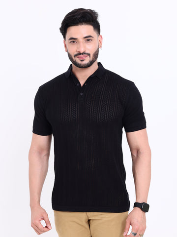 Men's Self-Design Knitted Nativebull T-Shirt with Textured Weave - Black