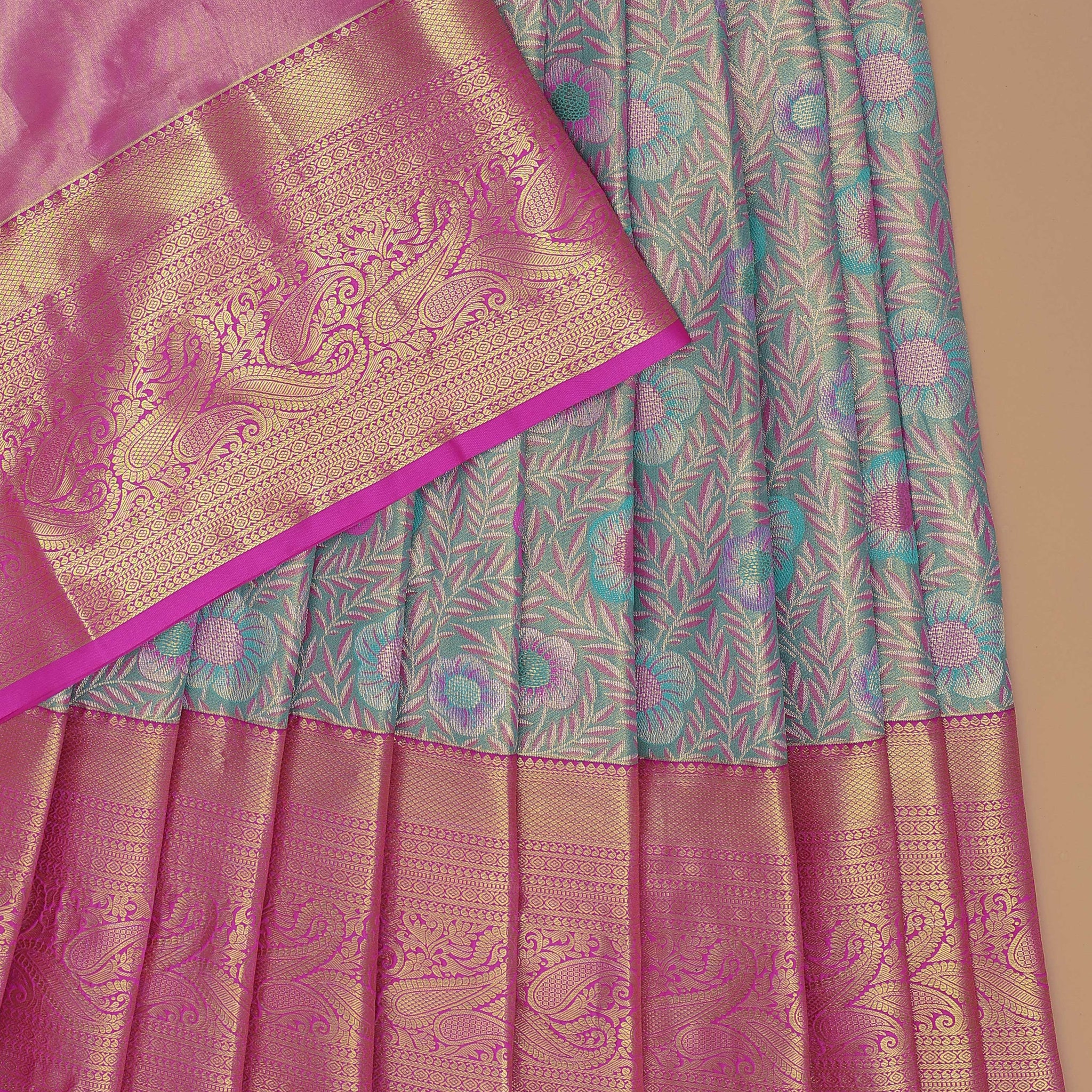 Kids' Traditional Kanchipuram Pattu Pavadai Material - Green