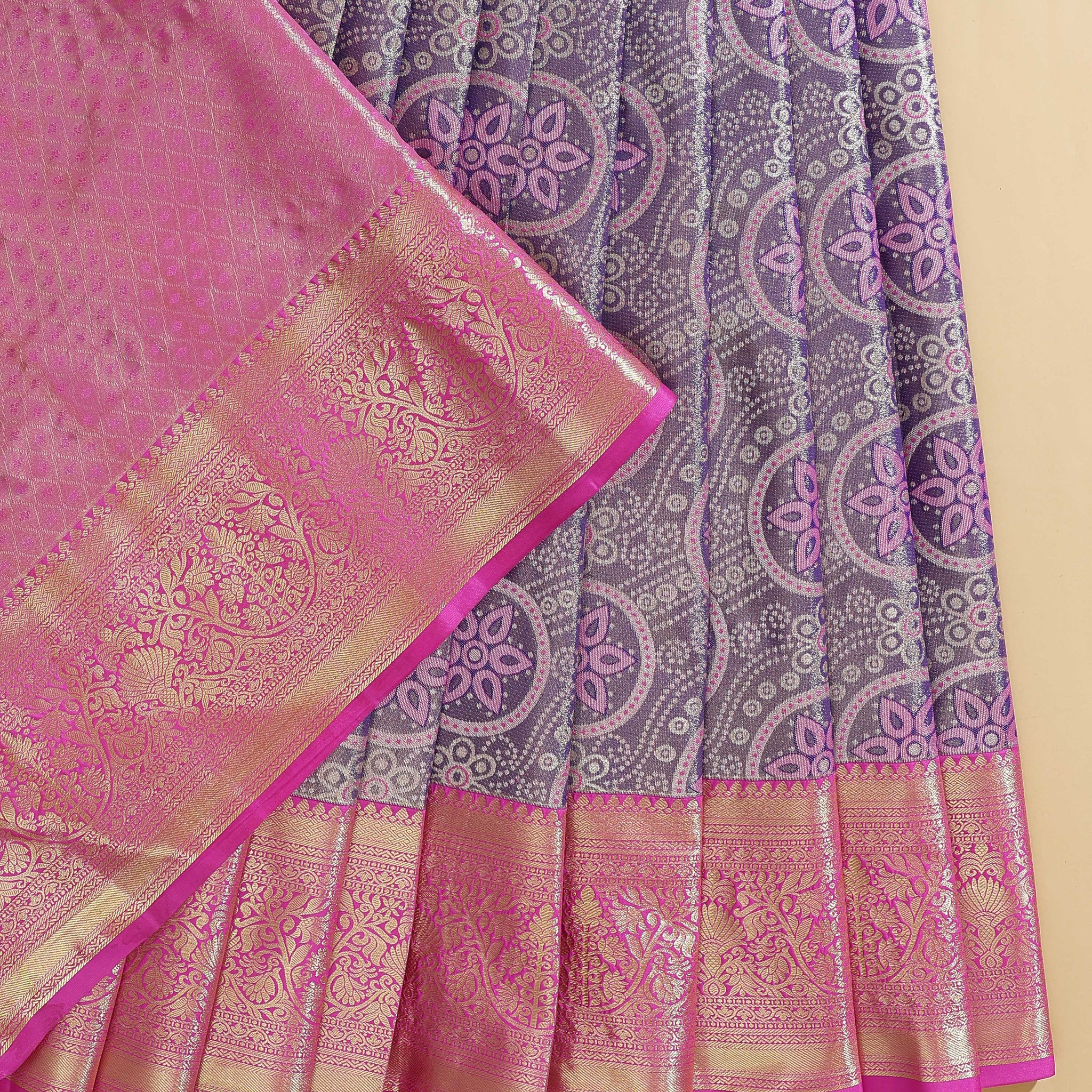 Kanchipuram Pattu Pavadai Material with Intricate Floral & Zari Woven Border - Grey