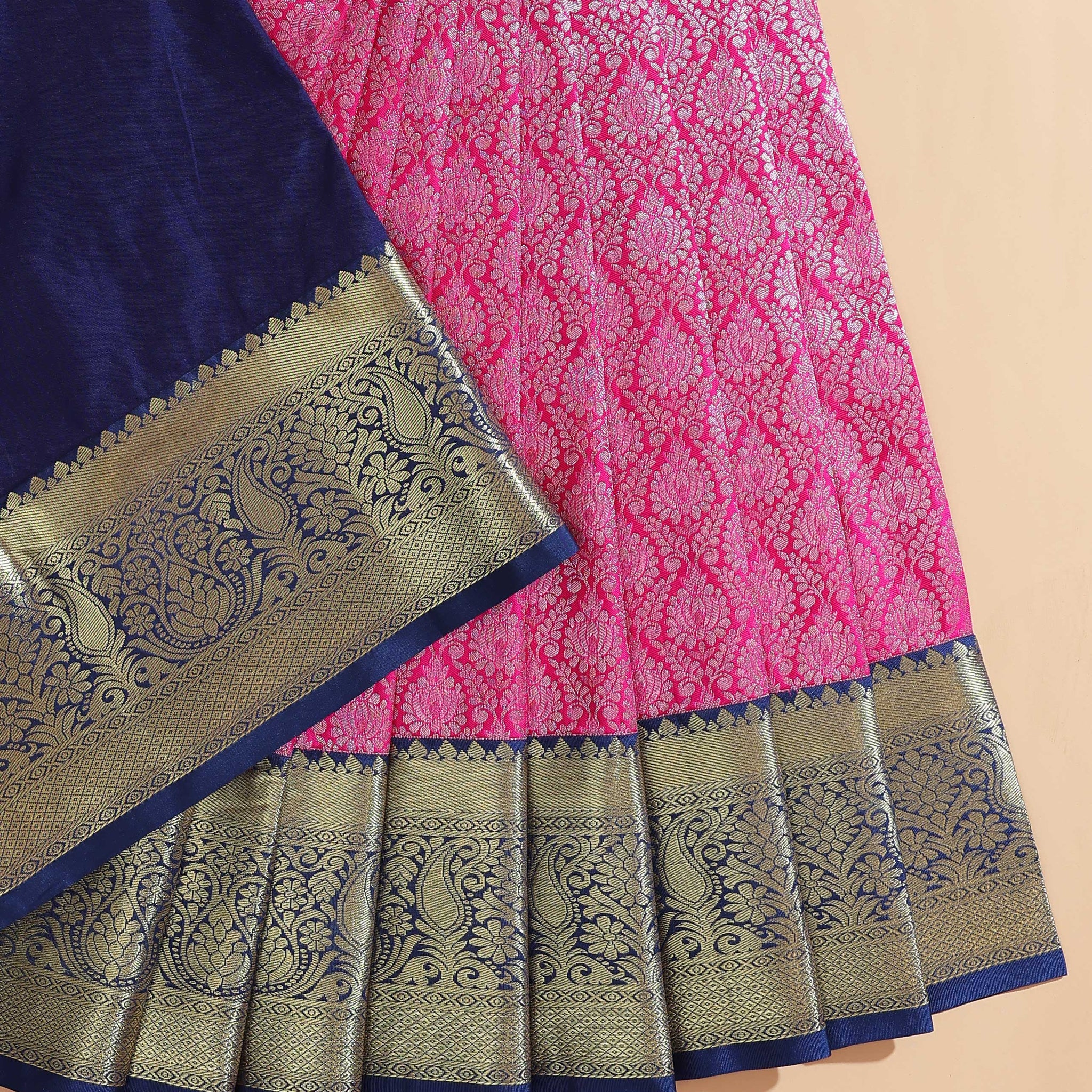 Kanchipuram Pattu Pavadai Material with Zari Border Work-Pink