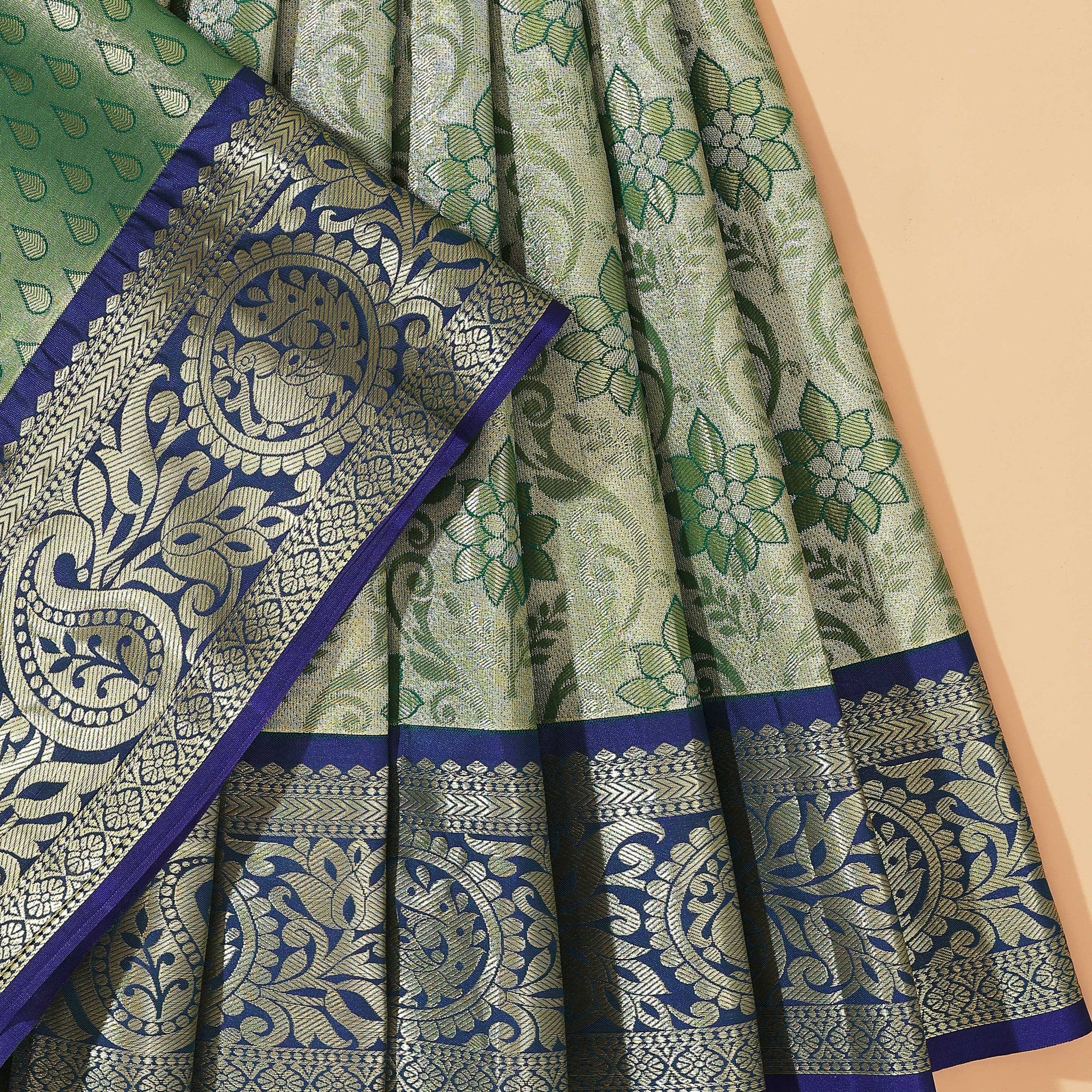 Kanchipuram Pattu Pavadai Material with Zari Border Work- Green
