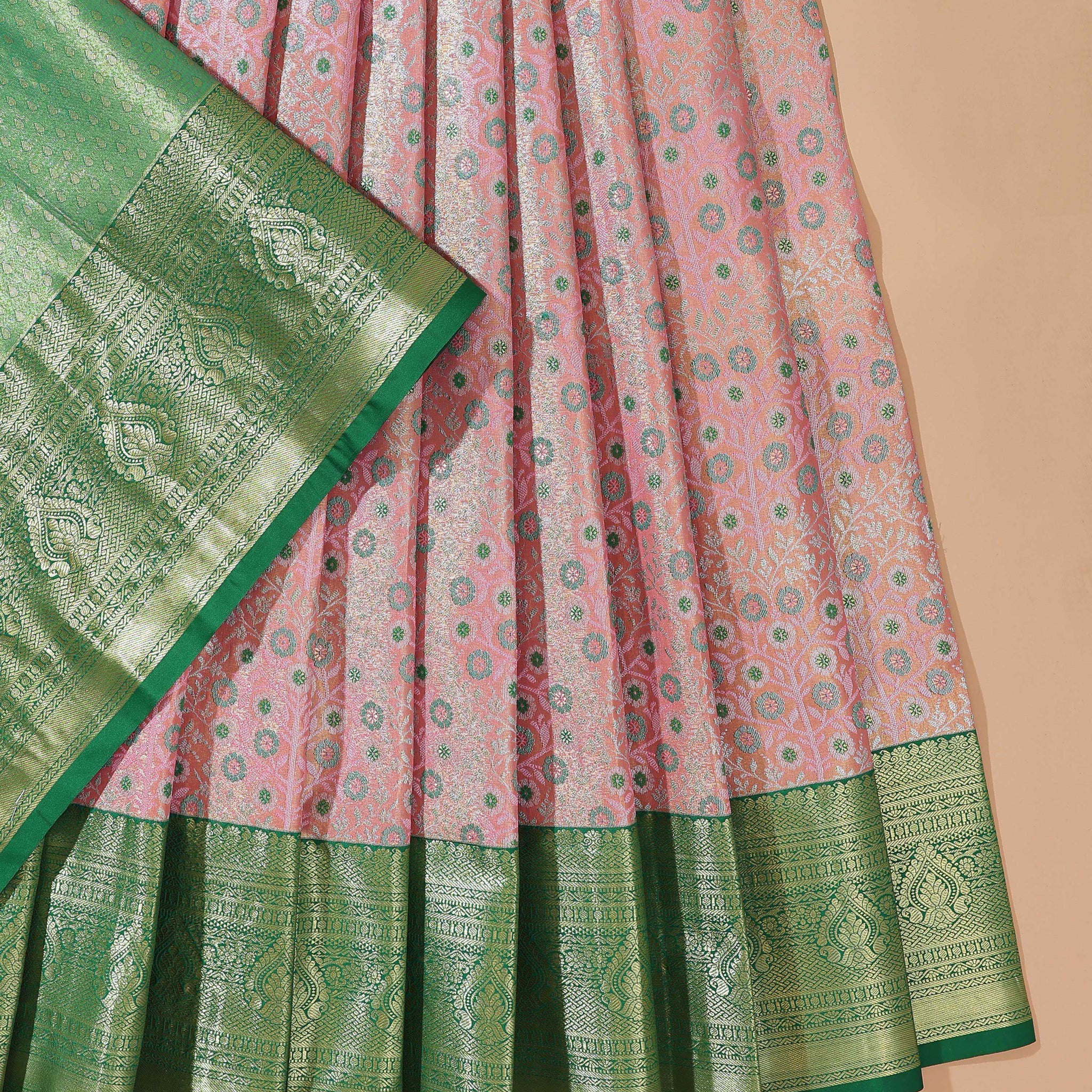 Kanchipuram Pattu Pavadai Material with Zari Brocade Weaves - Peach