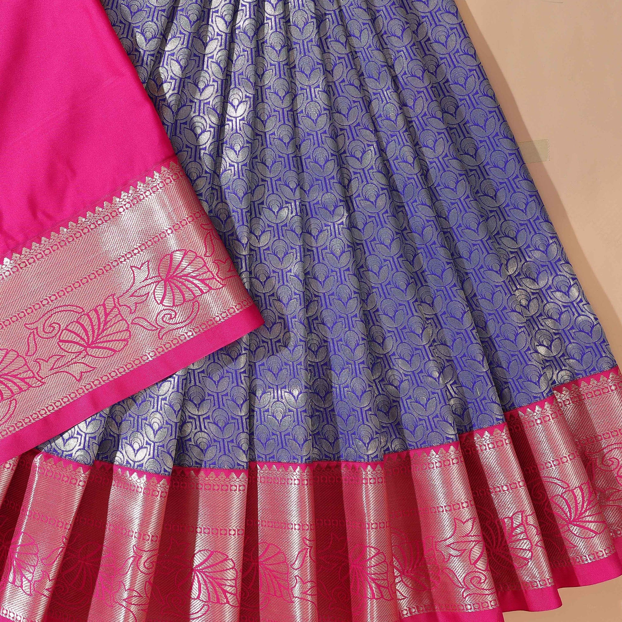 Kanchipuram Pattu Pavadai Material with Zari Motifs - Blue