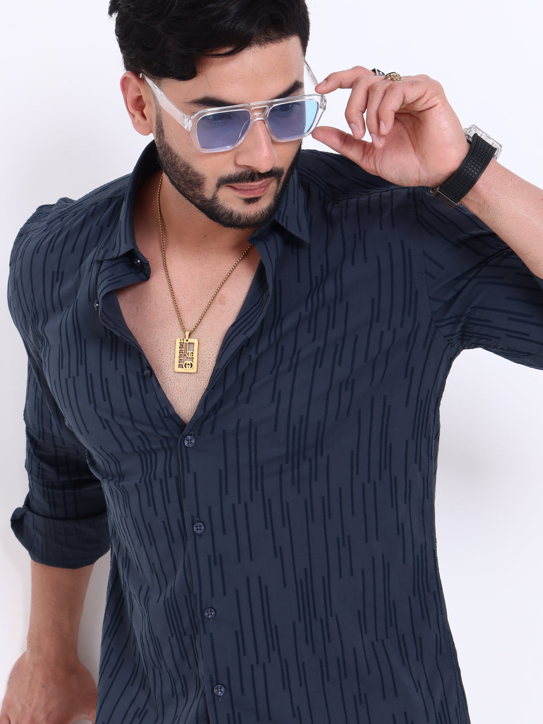 Men's Nativebull Brand Casual Shirt with Textured Vertical Striped Pattern and Full Sleeves - Navy Blue