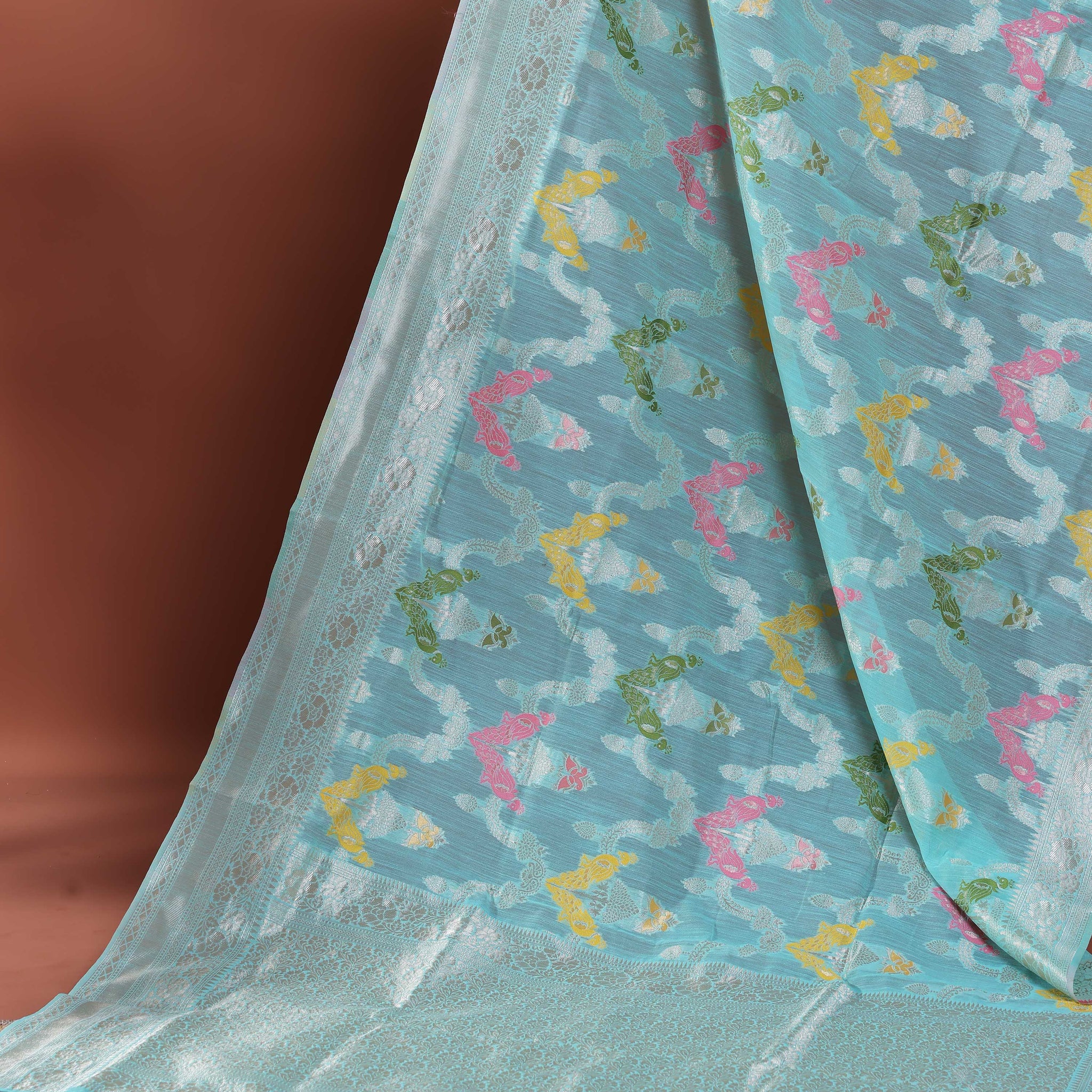 Floral Woven Rainbow Cotton Saree with Subtle Zari Accents - Blue