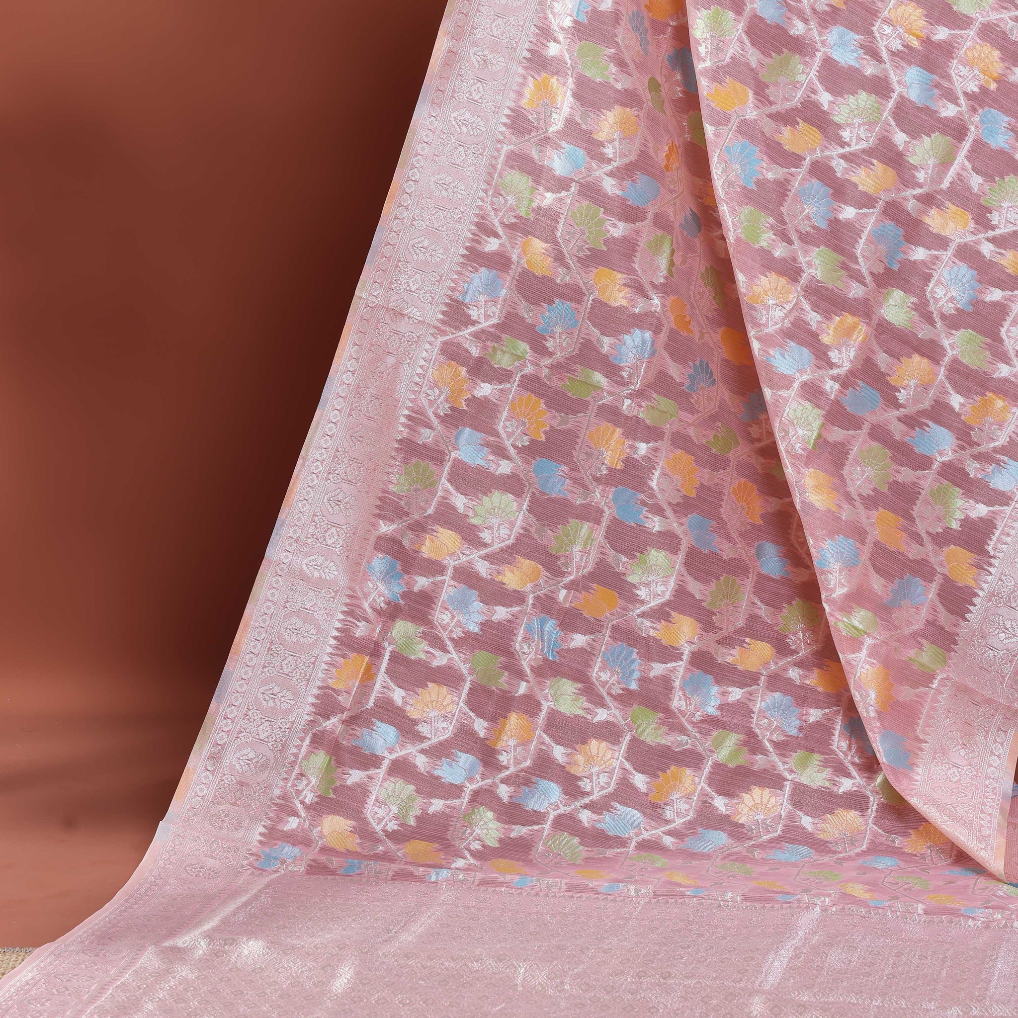 Floral Woven Rainbow Cotton Saree with Subtle Zari Accents - Pink