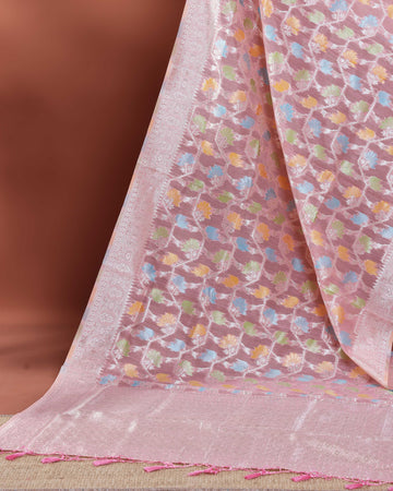 Floral Woven Rainbow Cotton Saree with Subtle Zari Accents - Pink