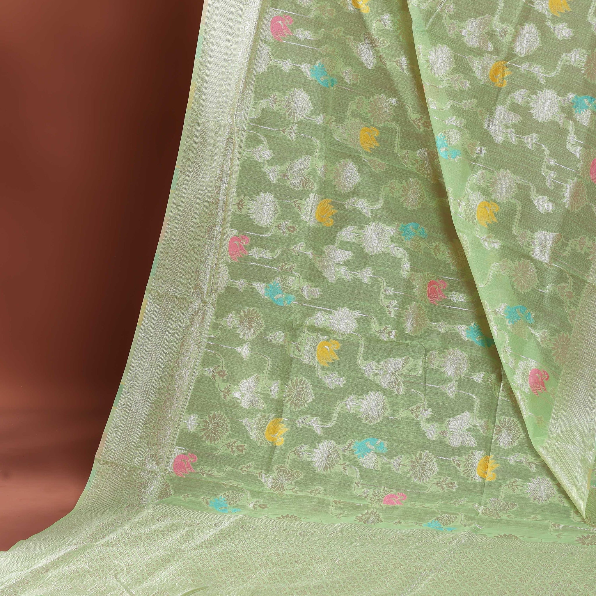 Floral Woven Rainbow Cotton Saree with Subtle Zari Accents - Green