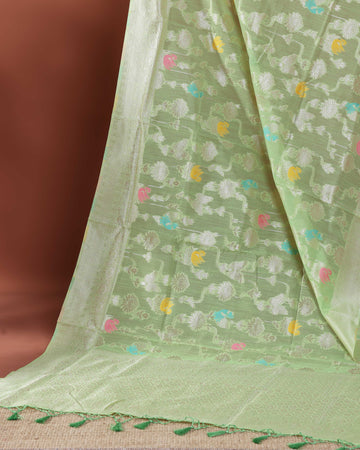 Floral Woven Rainbow Cotton Saree with Subtle Zari Accents - Green