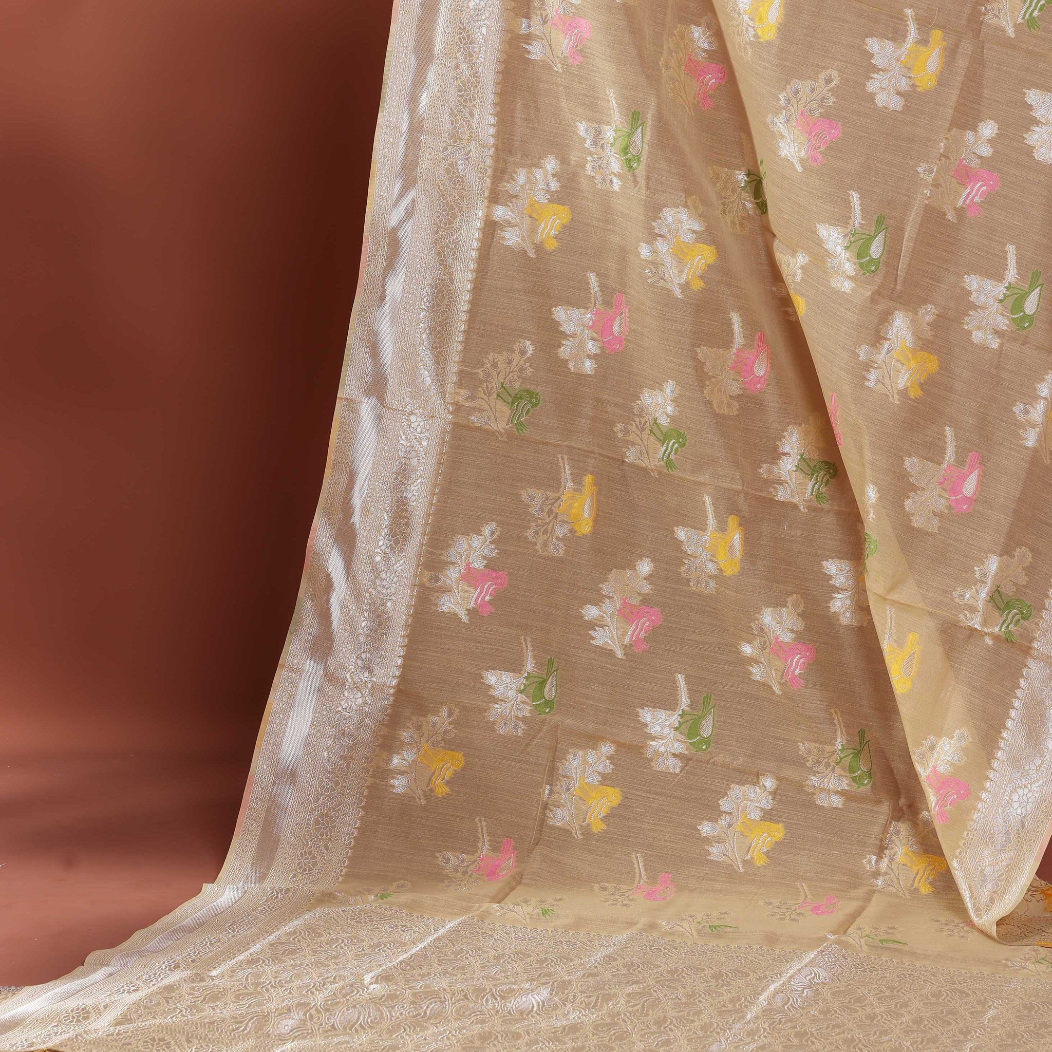 Floral Woven Rainbow Cotton Saree with Subtle Zari Accents - Sandal