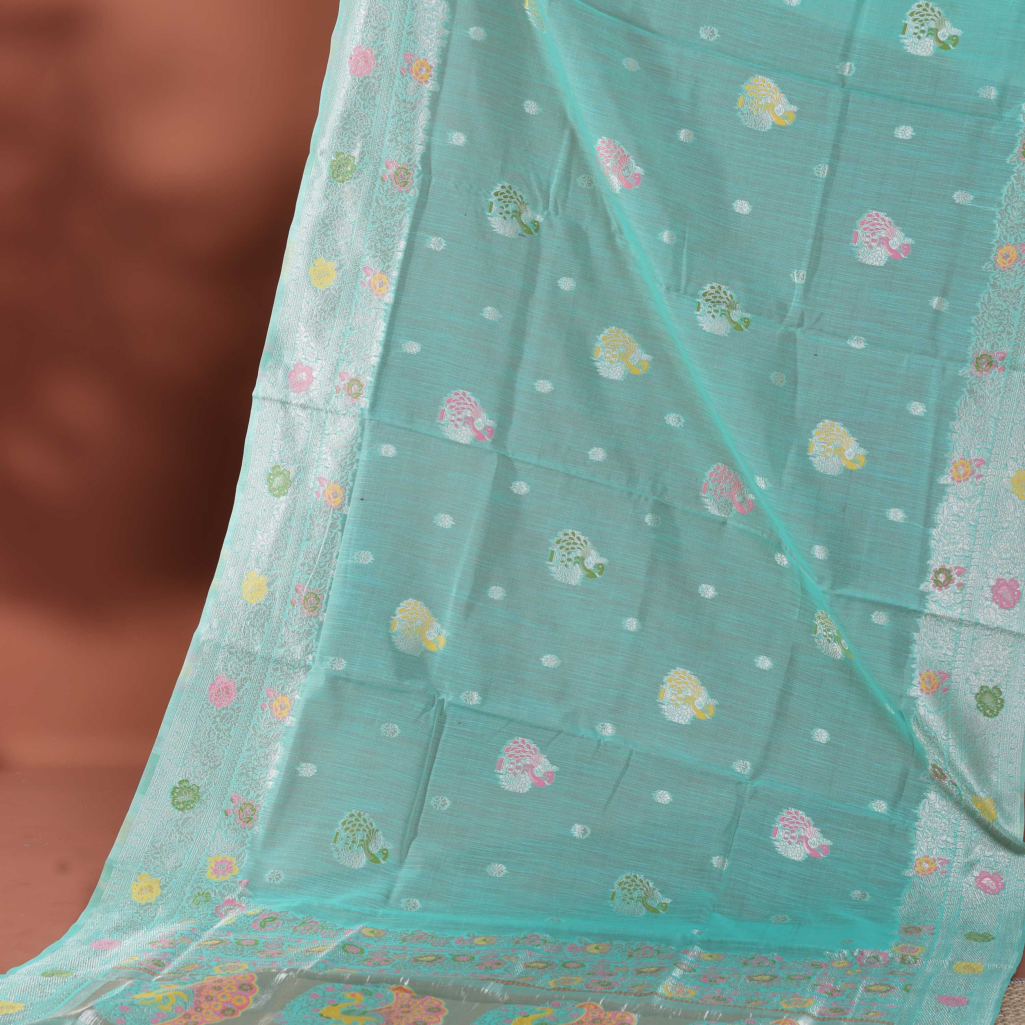Floral Woven Rainbow Cotton Saree with Subtle Zari Accents - Blue