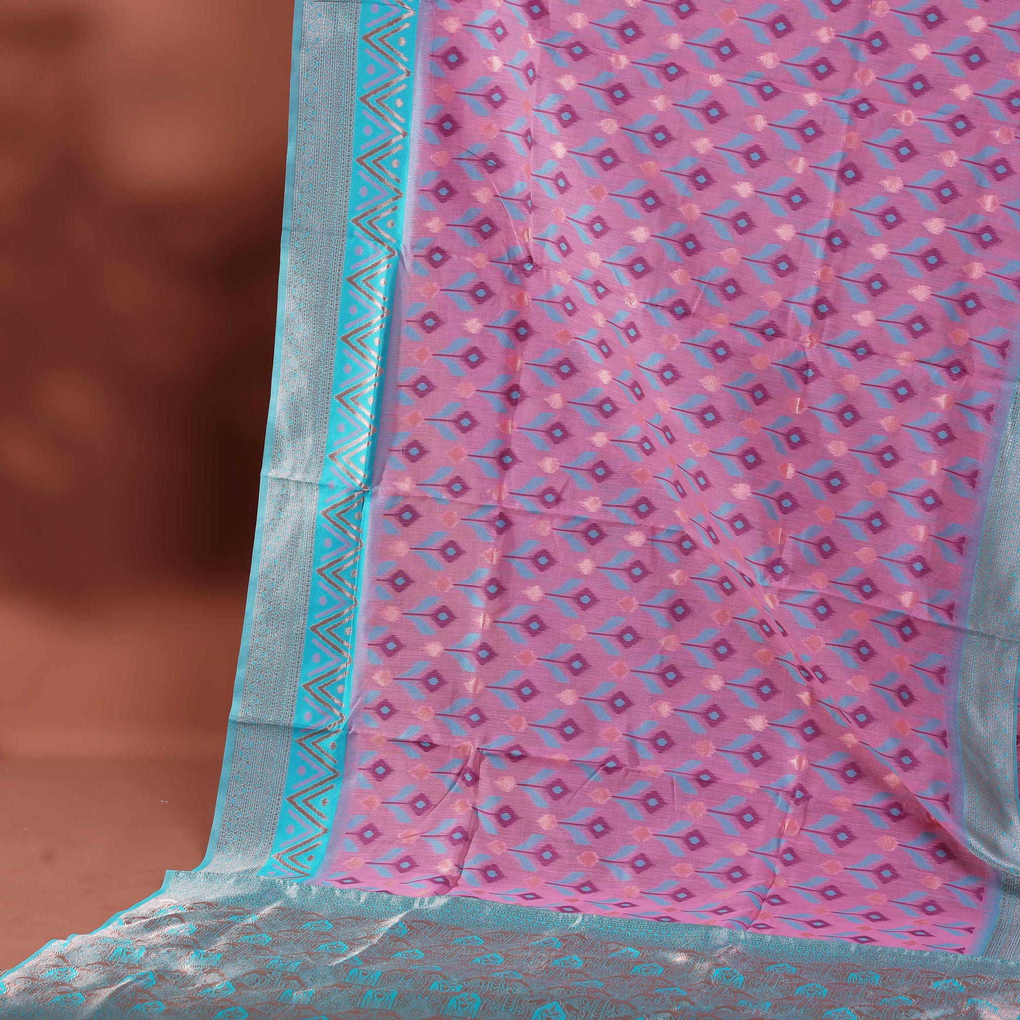 Floral Woven Rainbow Cotton Saree with Subtle Zari Accents - Pink