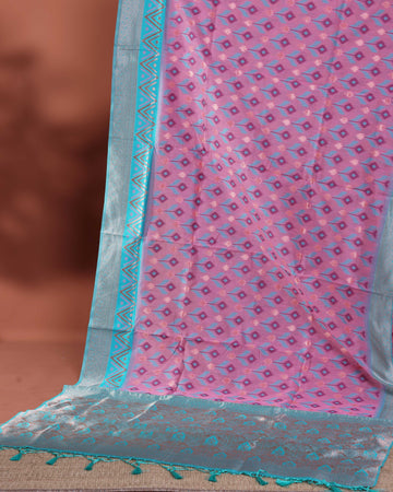 Floral Woven Rainbow Cotton Saree with Subtle Zari Accents - Pink
