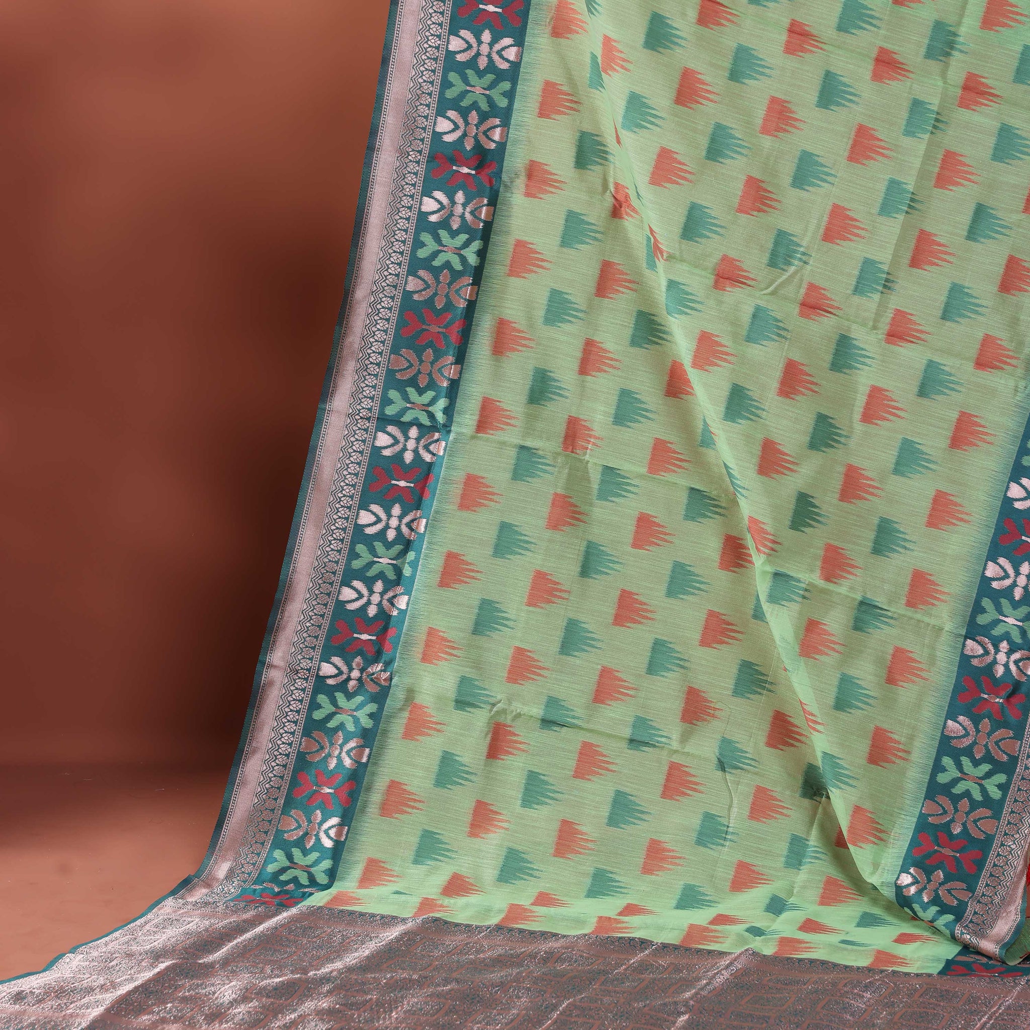 Floral Woven Rainbow Cotton Saree with Subtle Zari Accents - Green
