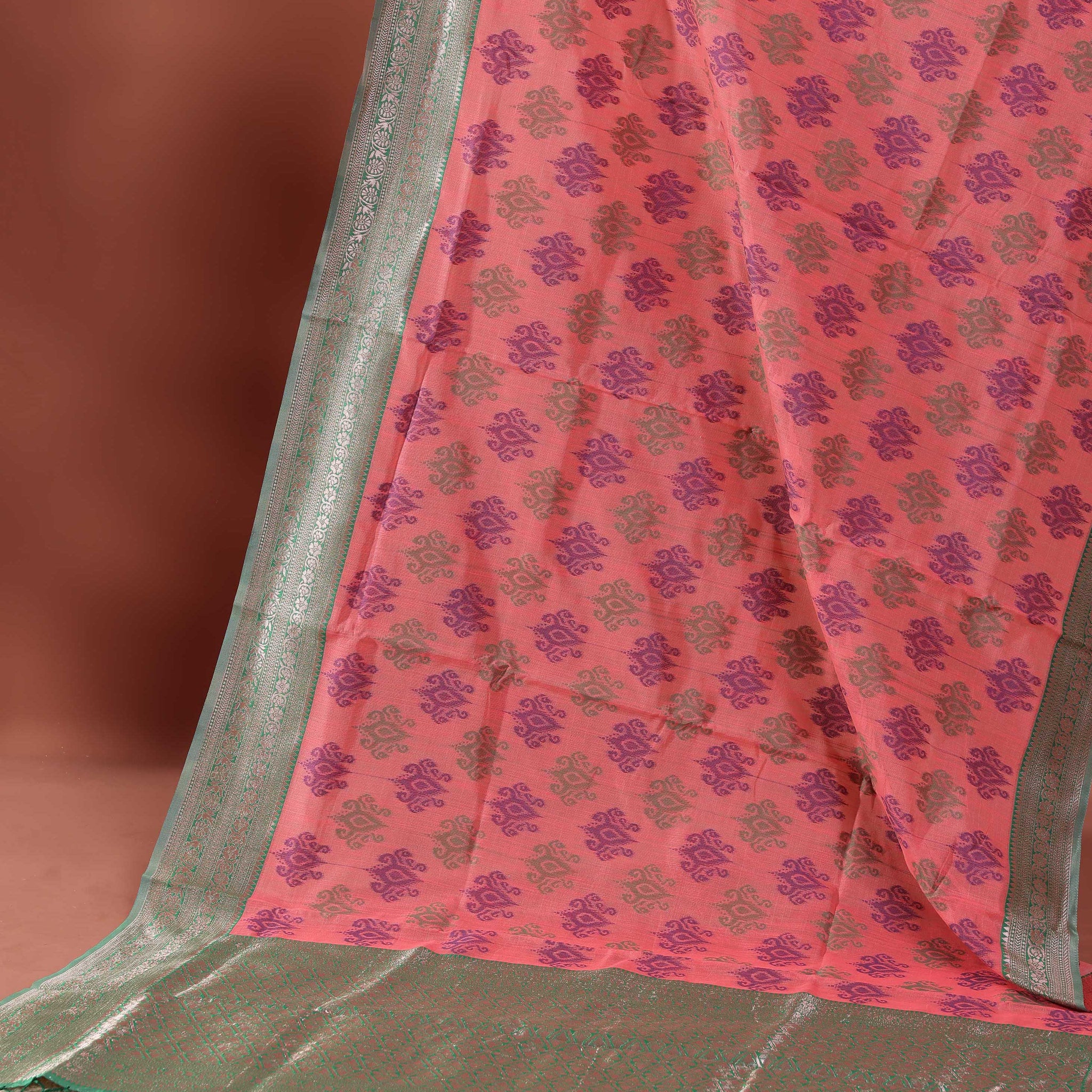 Floral Woven Rainbow Cotton Saree with Subtle Zari Accents - Pink