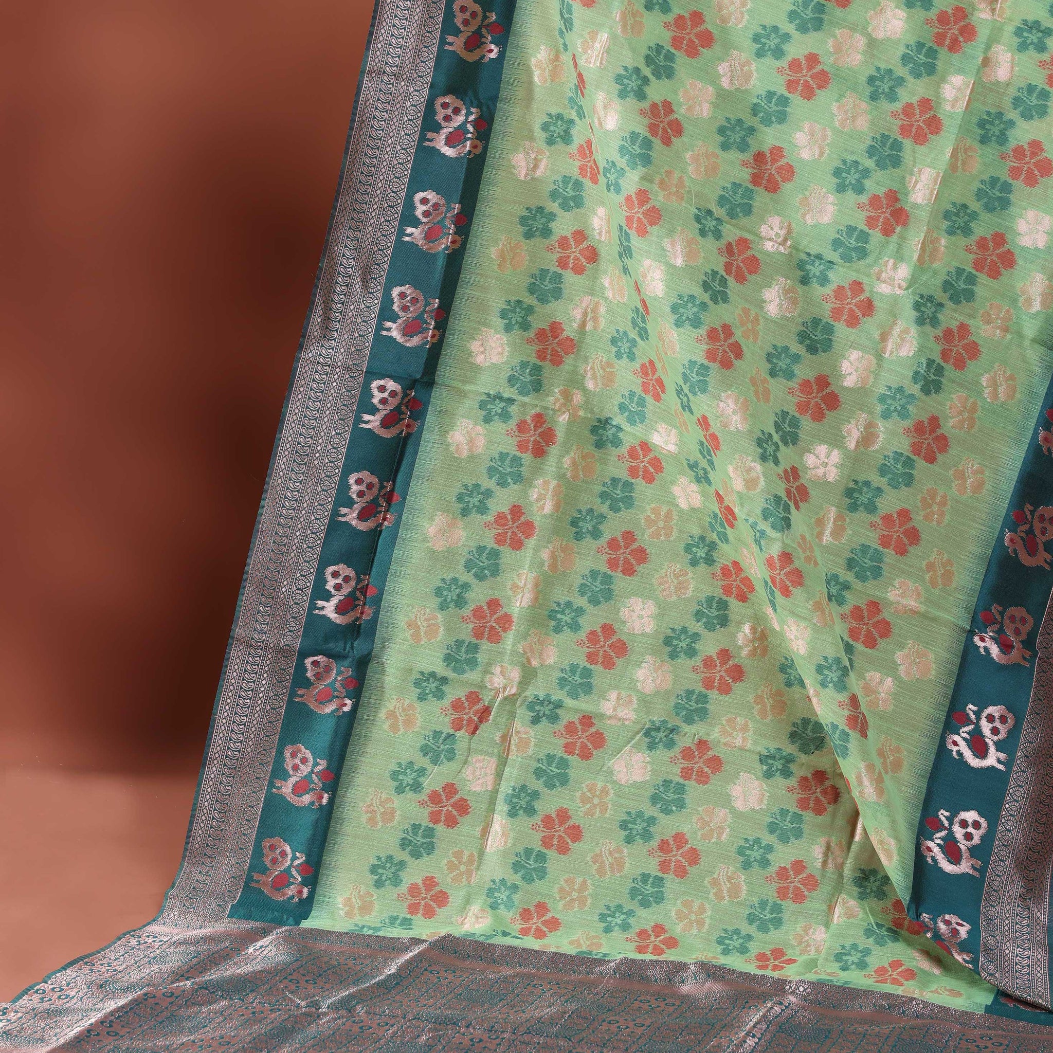 Floral Woven Rainbow Cotton Saree with Subtle Zari Accents - Green