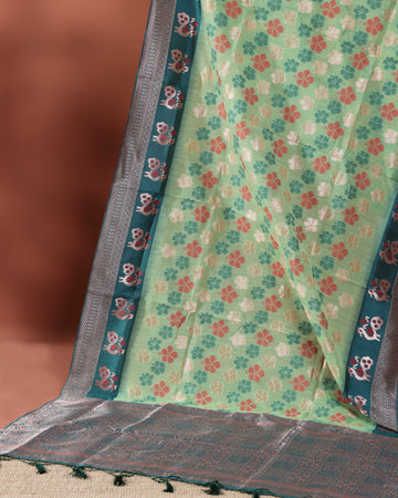 Floral Woven Rainbow Cotton Saree with Subtle Zari Accents - Green