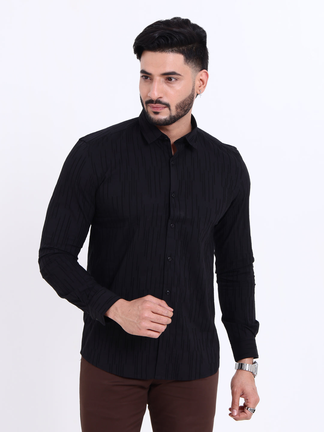Nativebull Men's Regular Fit Casual Shirt with Self-Stripe Pattern - Black