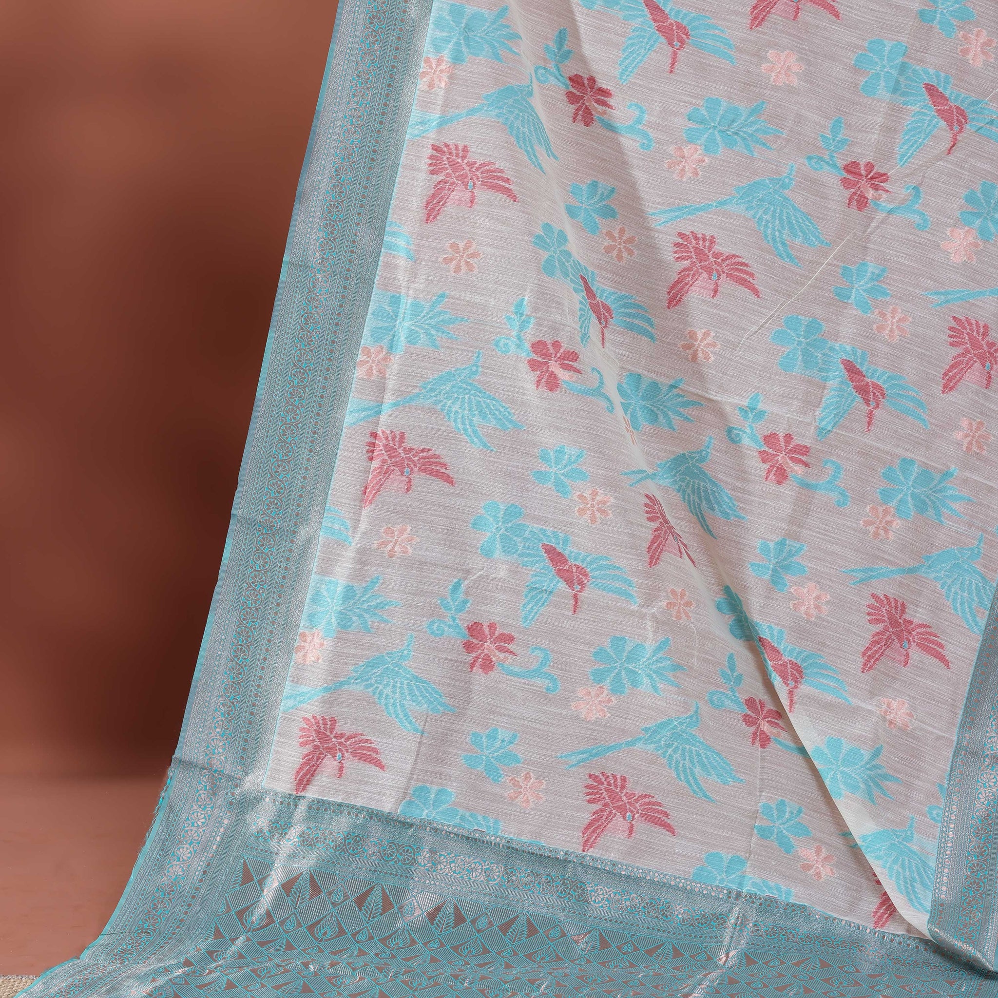 Jamdani Woven Rainbow Cotton Saree with Subtle Zari Accents - Cream