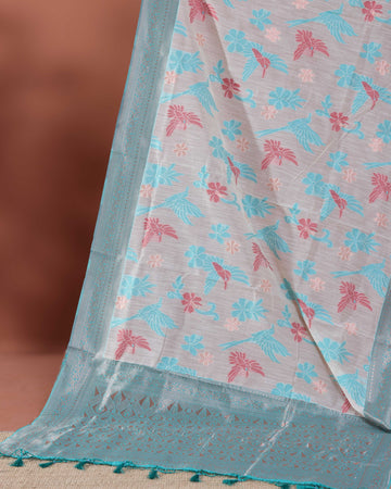 Jamdani Woven Rainbow Cotton Saree with Subtle Zari Accents - Cream
