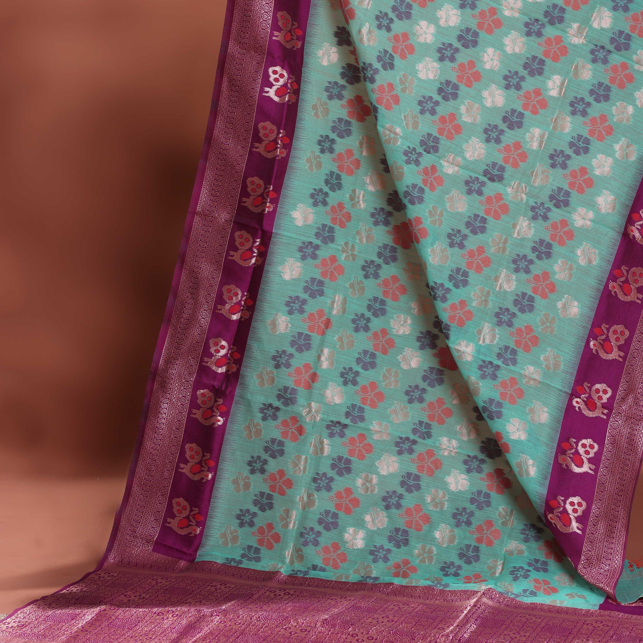 Floral Woven Rainbow Cotton Saree with Subtle Zari Accents - Green