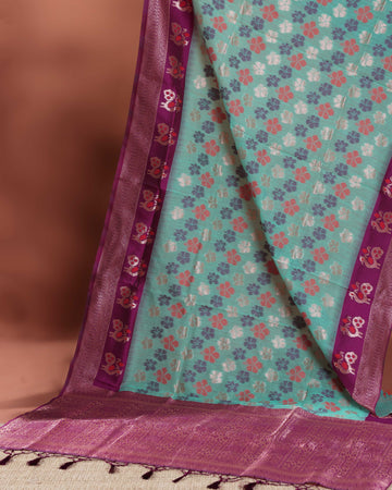 Floral Woven Rainbow Cotton Saree with Subtle Zari Accents - Green