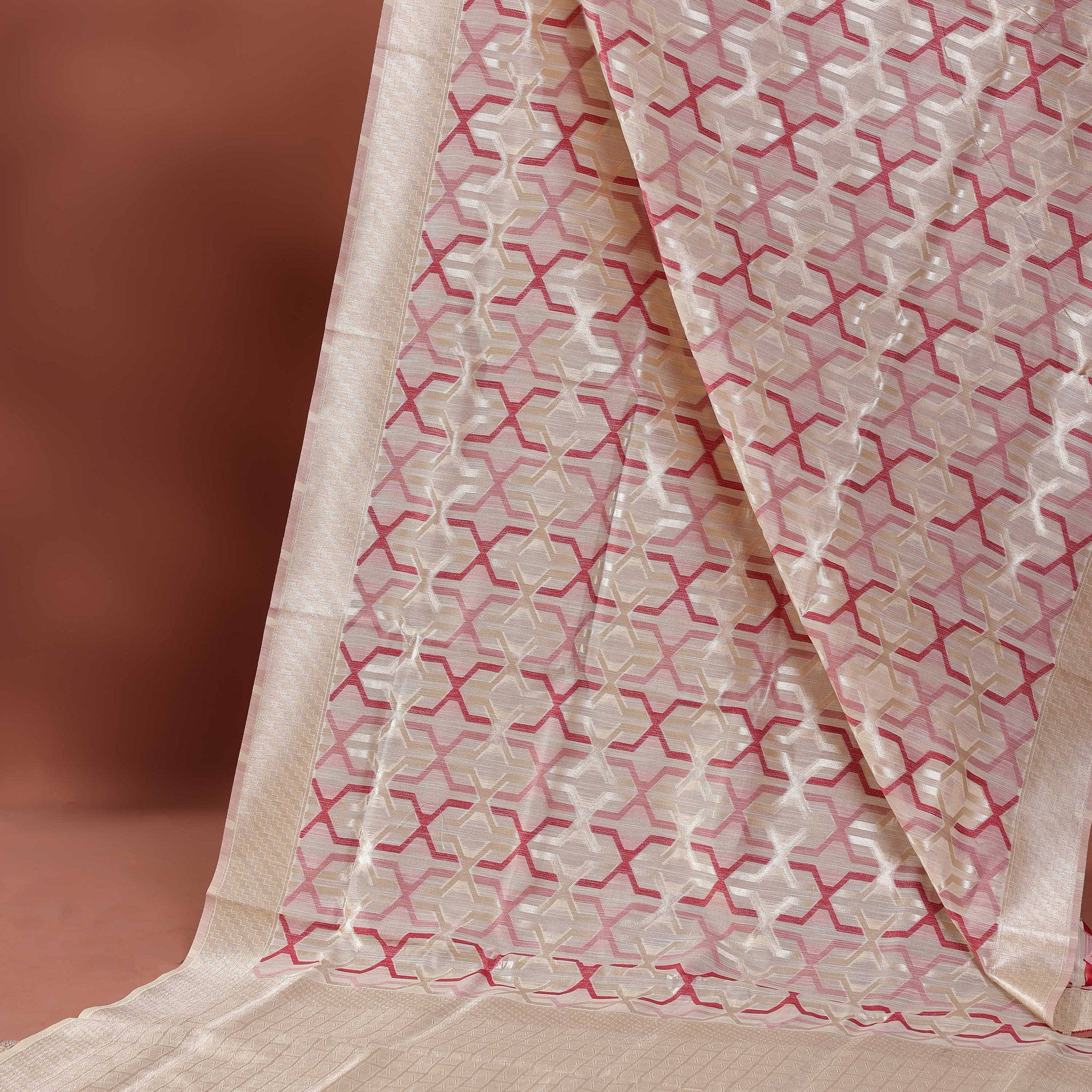 Geometric Design Rainbow Cotton Saree with Subtle Zari Accents - Sandal