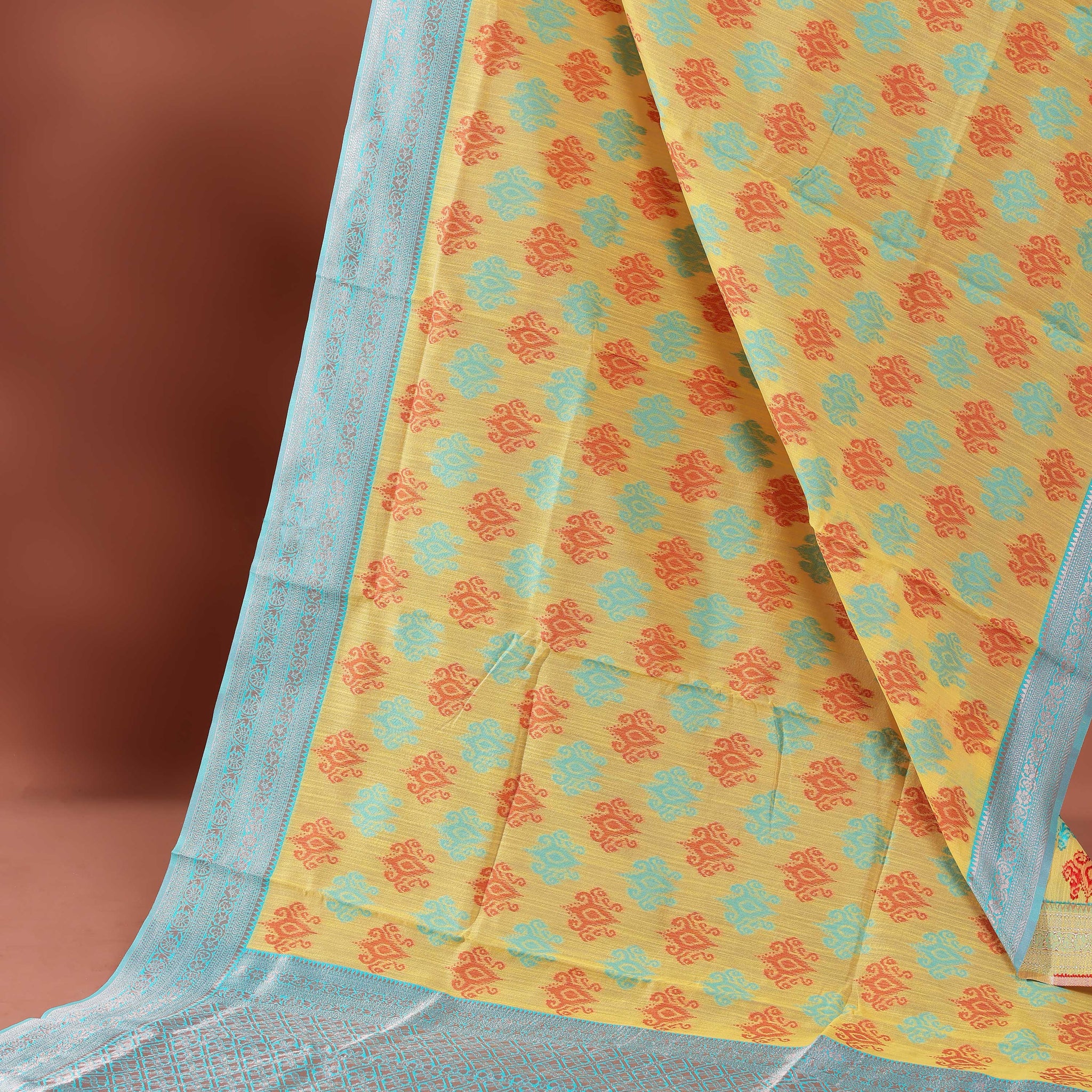 Traditional Weaving Rainbow Cotton Saree with Subtle Zari Accents - Yellow