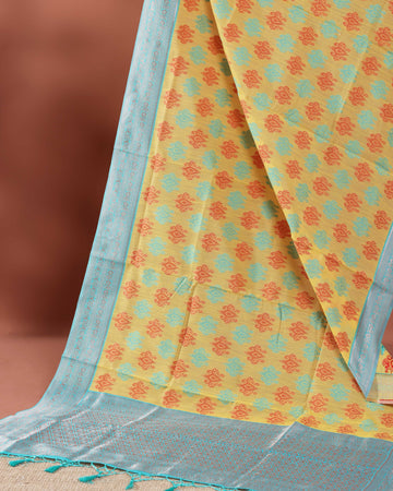 Traditional Weaving Rainbow Cotton Saree with Subtle Zari Accents - Yellow